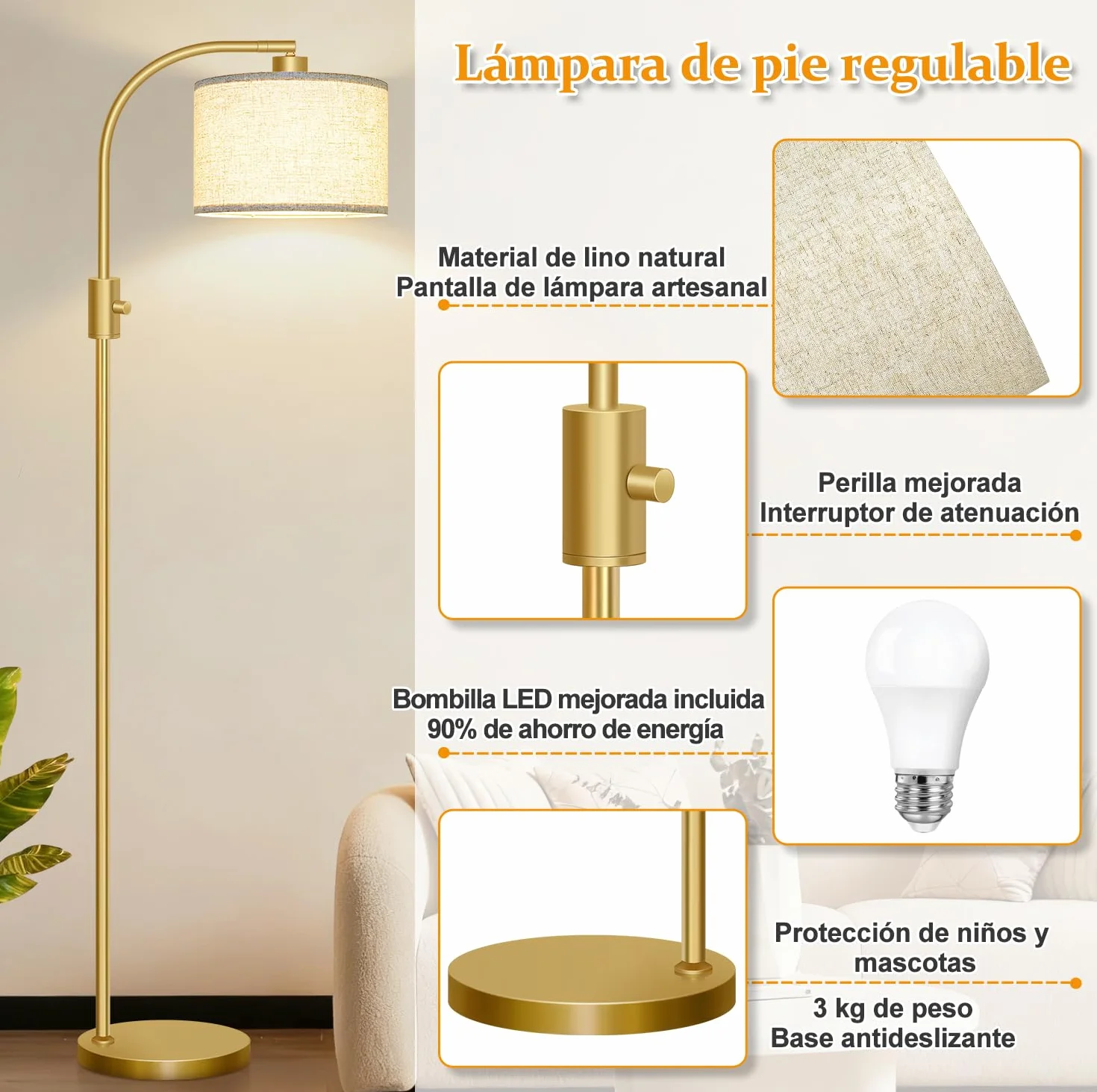 Nintiue Lámpara de pie regulable 1200 lúmenes LED 165cm arco con pantalla ajustable
