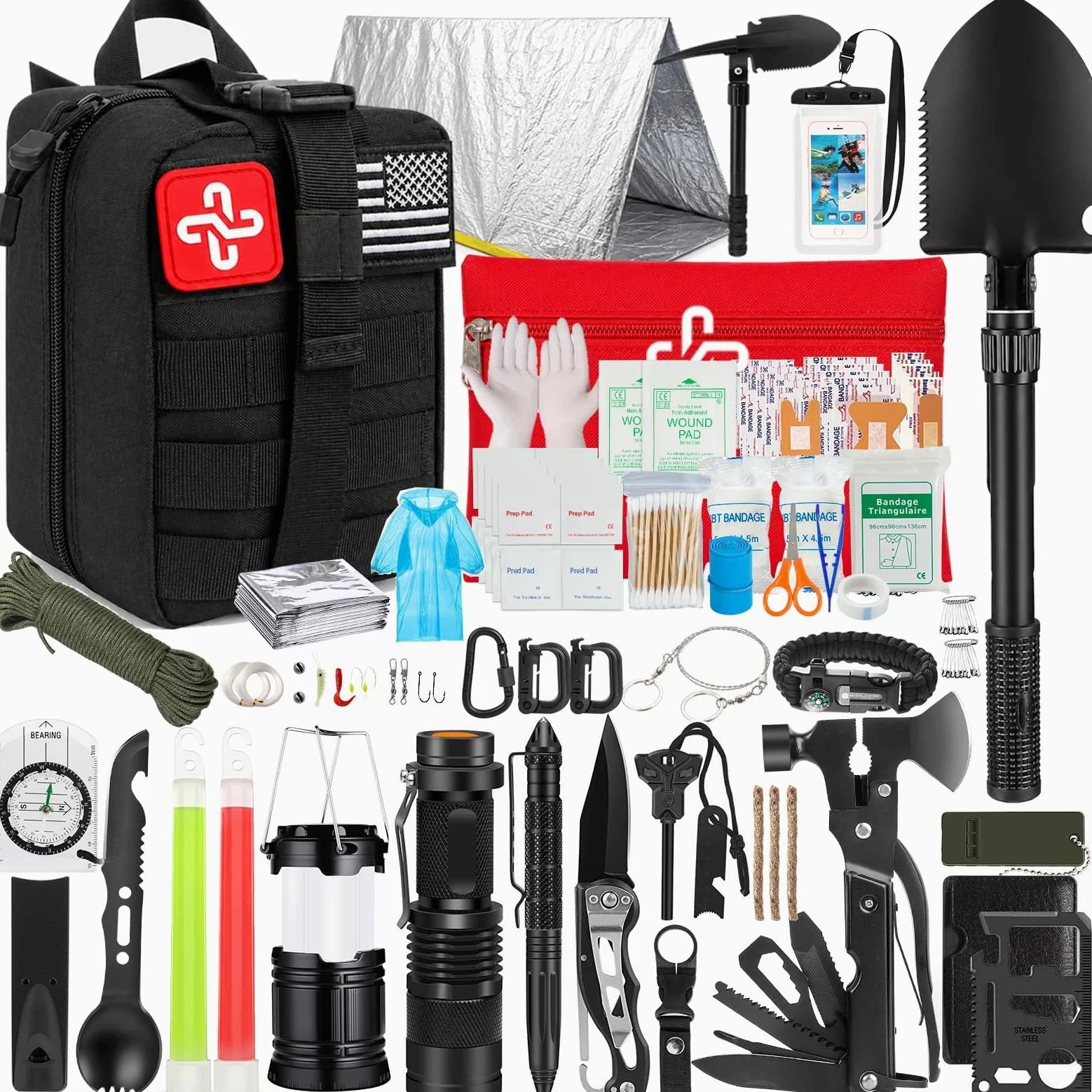 Kit de supervivencia, kit de primeros auxilios de supervivencia de 250 piezas con bolsa compatible con sistema Molle y tienda de campaña de emergencia, kit de emergencia para terremoto, aventura al