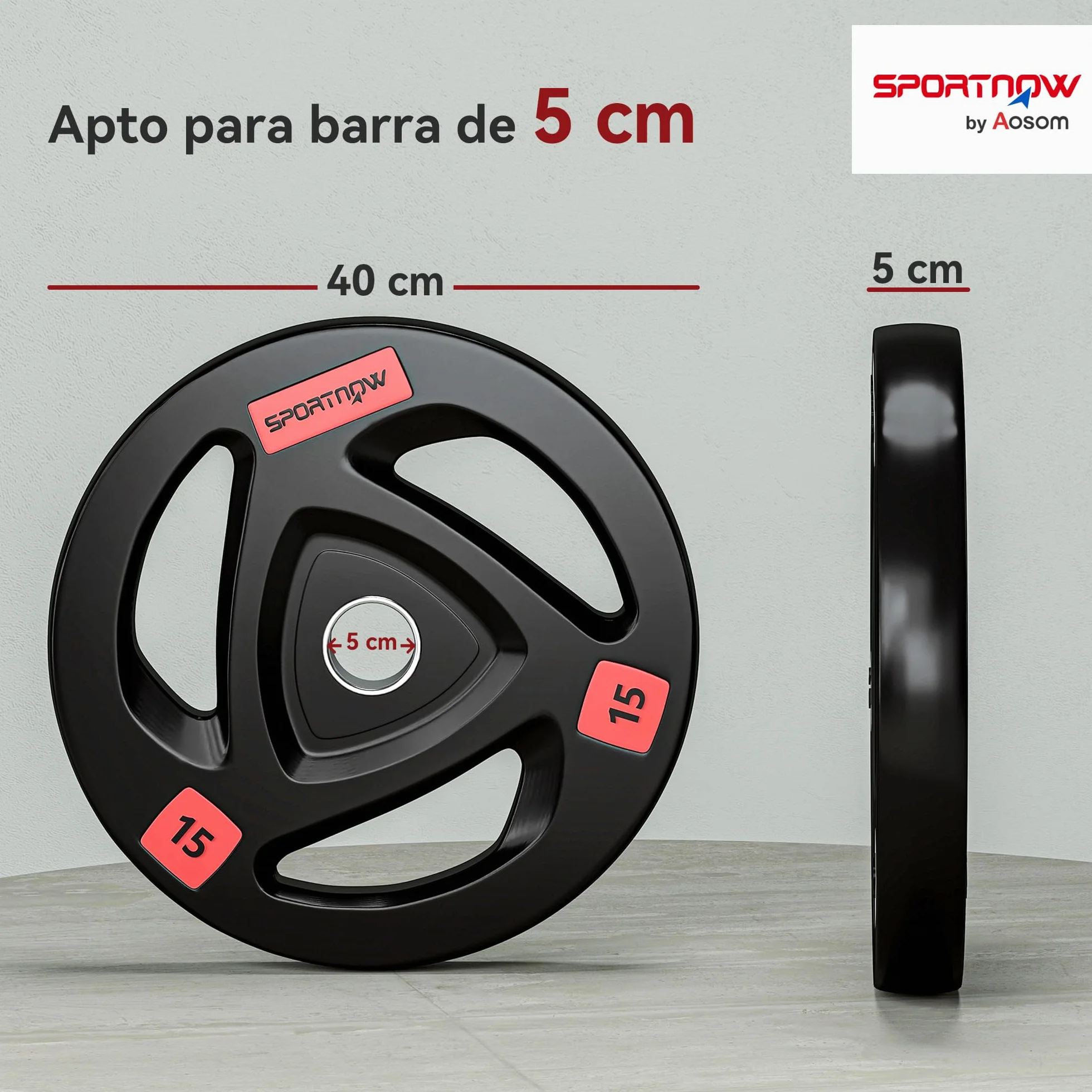 SPORTNOW Discos Pesas Olímpicos 5kg a 15kg, Agujero Ø50 mm, de Hierro Fundido, Recubierta de Goma, 2 Placas de Pesas con Triple Agarre, para Mancuernas y Barras, Entrenamiento en Casa, Gimnasio, Negro