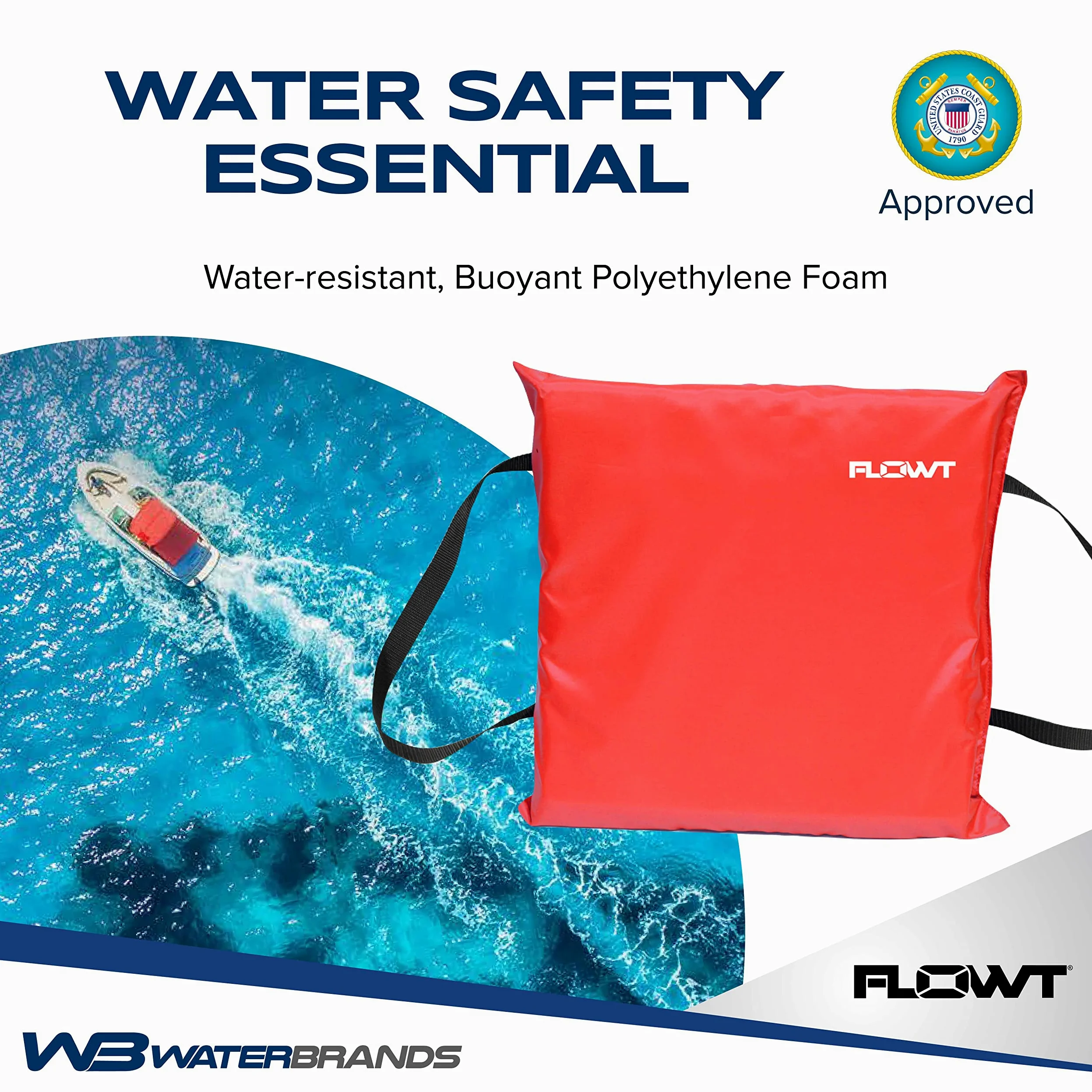 Flowt 40102 - Cojín de espuma de flotación lanzable tipo IV aprobado por la USCG | Cojín para bote | Dispositivo de seguridad para cojín de bote lanzable | 16 x 15 x 2.5 pulgadas (rojo)