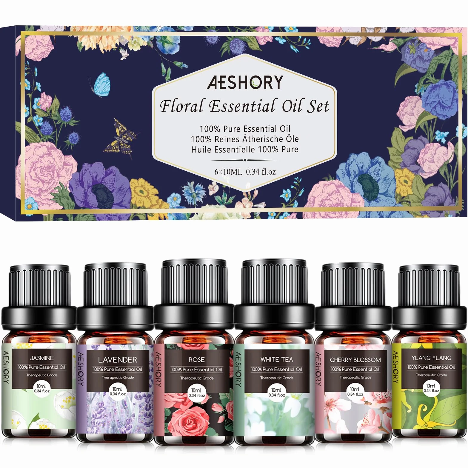 AESHORY Aceites Esenciales para Humidificador 6 x 10ml, Set de Aromaterapia Natural - Flor de Cerezo, Jazmín, Lavanda, Rosa, Té Blanco, Ylang Ylang