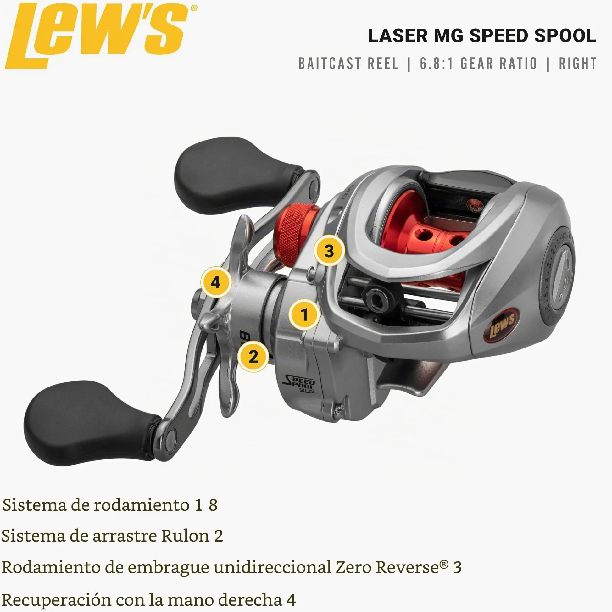 Lew's Laser MG Speed Spool SLP Baitcast - Carrete de Pesca, Marco de Grafito, Sistema de 8 rodamientos con rodamientos de Bolas de Doble blindaje de Acero Inoxidable