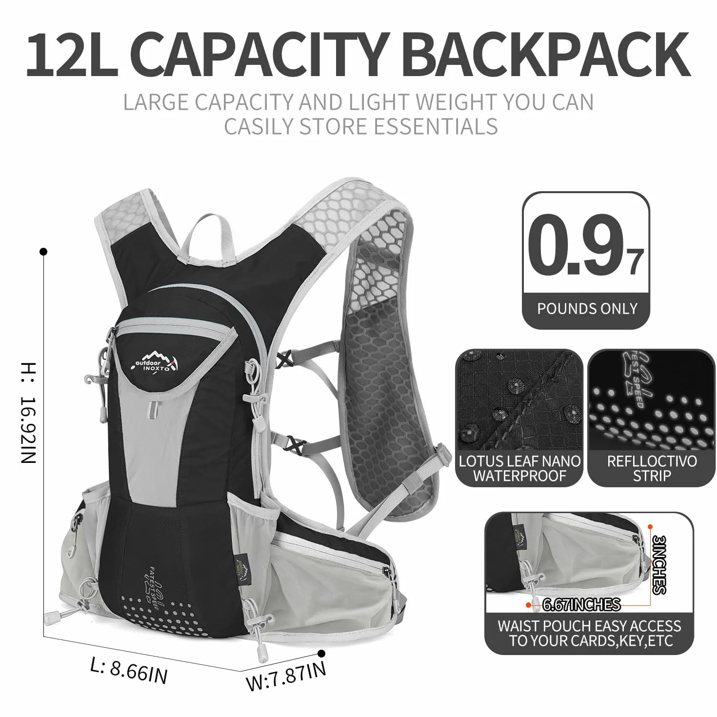 IX INOXTO Mochila de hidratación, mochila de agua ligera con bolsa de hidratación de 2 litros para hombres y mujeres, chaleco de hidratación para correr, senderismo, ciclismo, escalada (negro y gris)