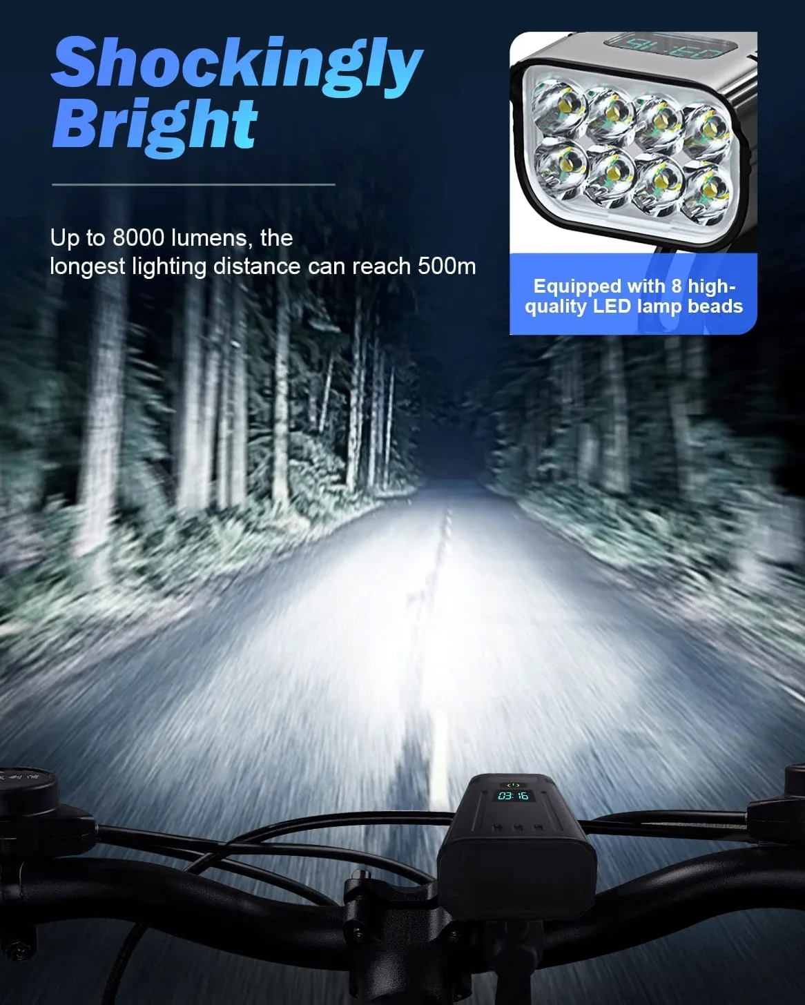 Luces de bicicleta, 8 LED de 8000 lúmenes, luz de bicicleta súper brillante, 5+5 modos de luz de bicicleta recargable por USB delantera y trasera, juego de faros delanteros y luces traseras para montar nocturno, carretera, montaña