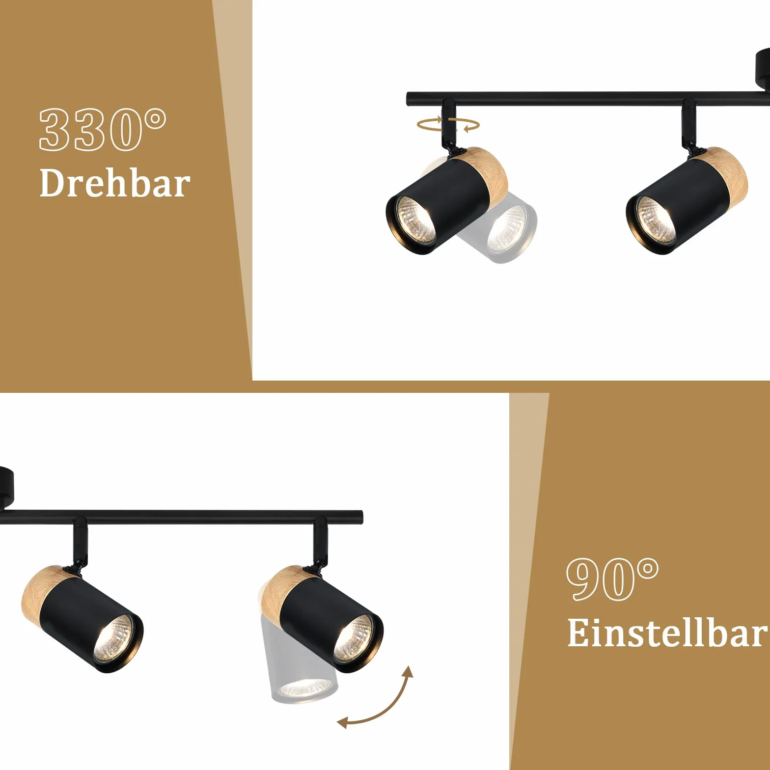 Plafón de madera negro LED orientable 330° 4 brazos GU10 para salón cocina habitación infantil
