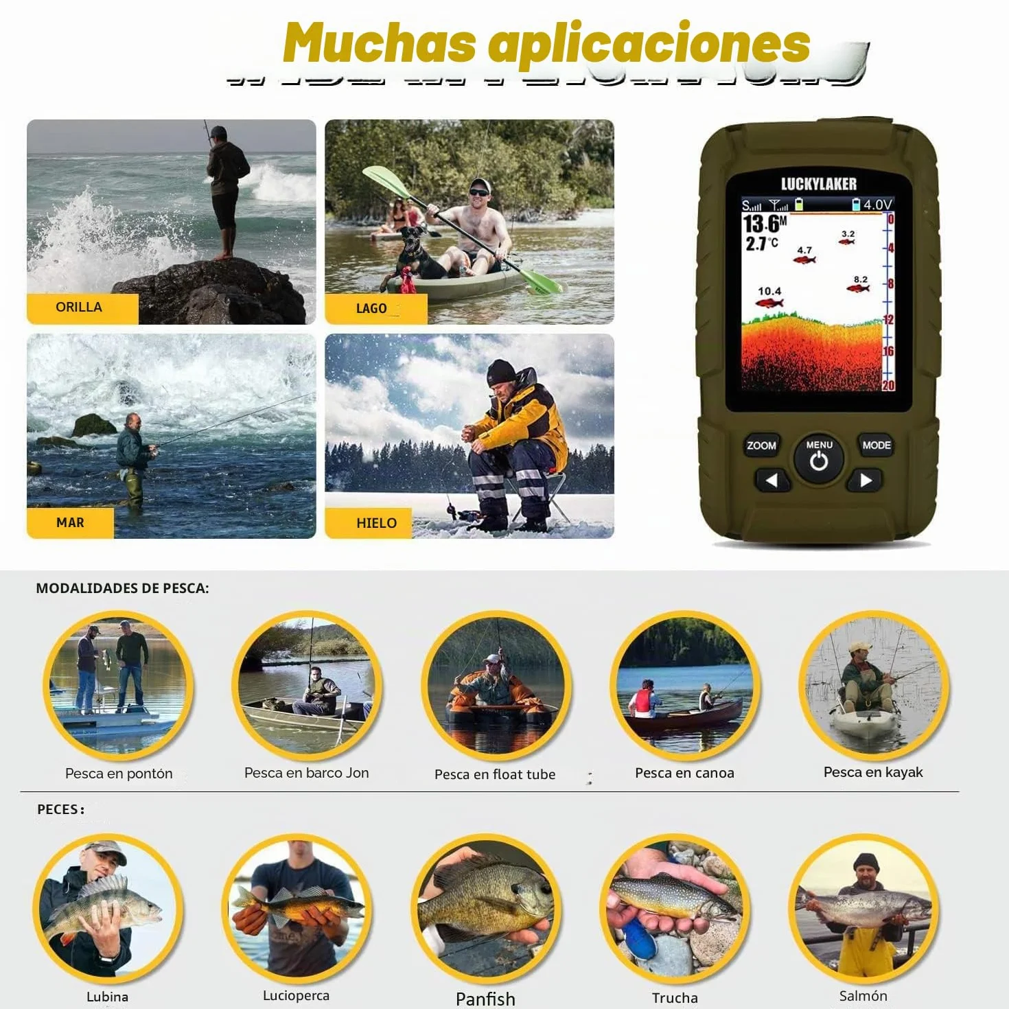 LUCKY Buscador de Peces Inalámbrico de Mano con Transductor Impermeable para Pesca en Hielo Kayak Mar