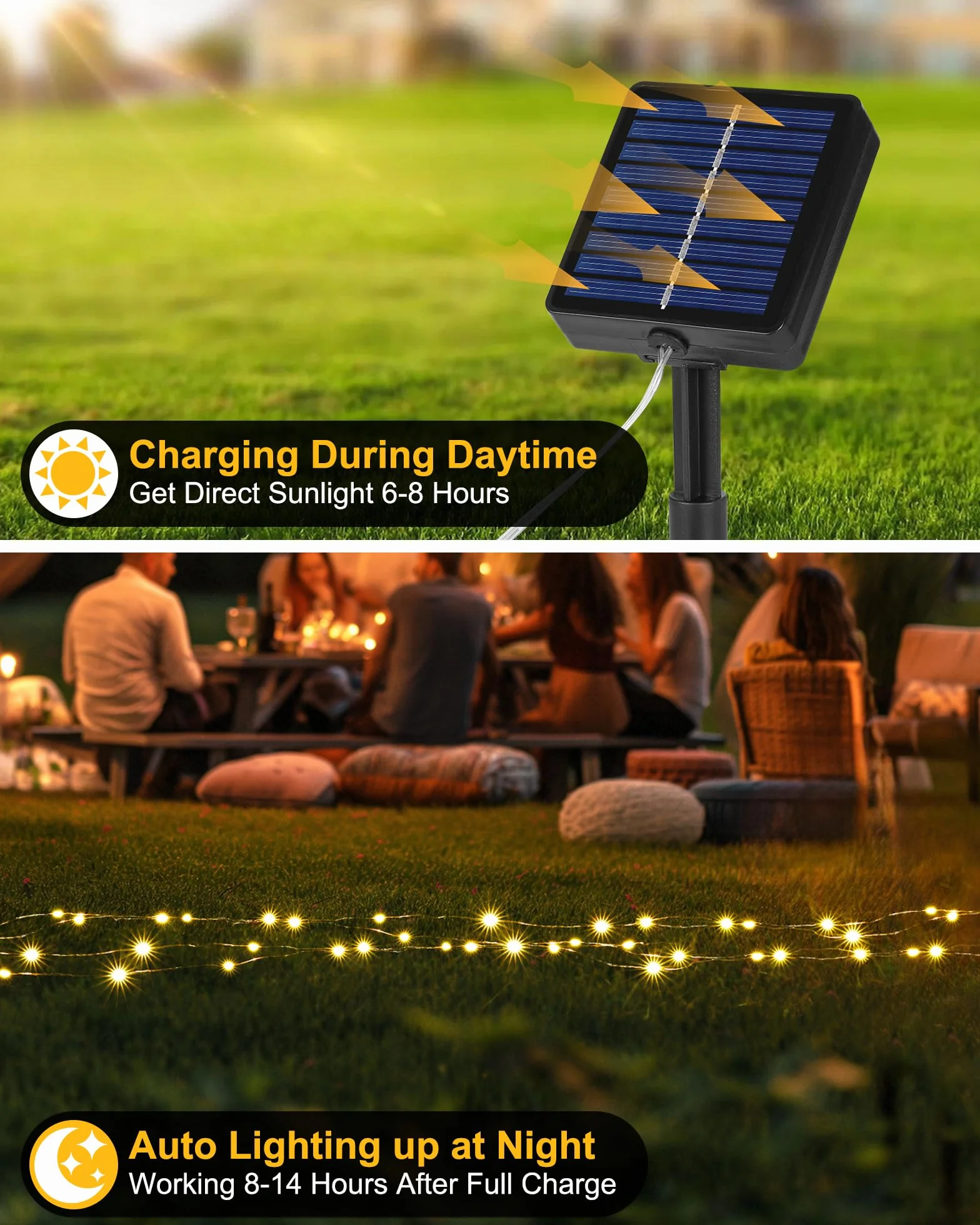 Tacobey Guirnaldas Luces Exterior Solar 20M 200 LED 8 Modos Temporizador Blanco Cálido