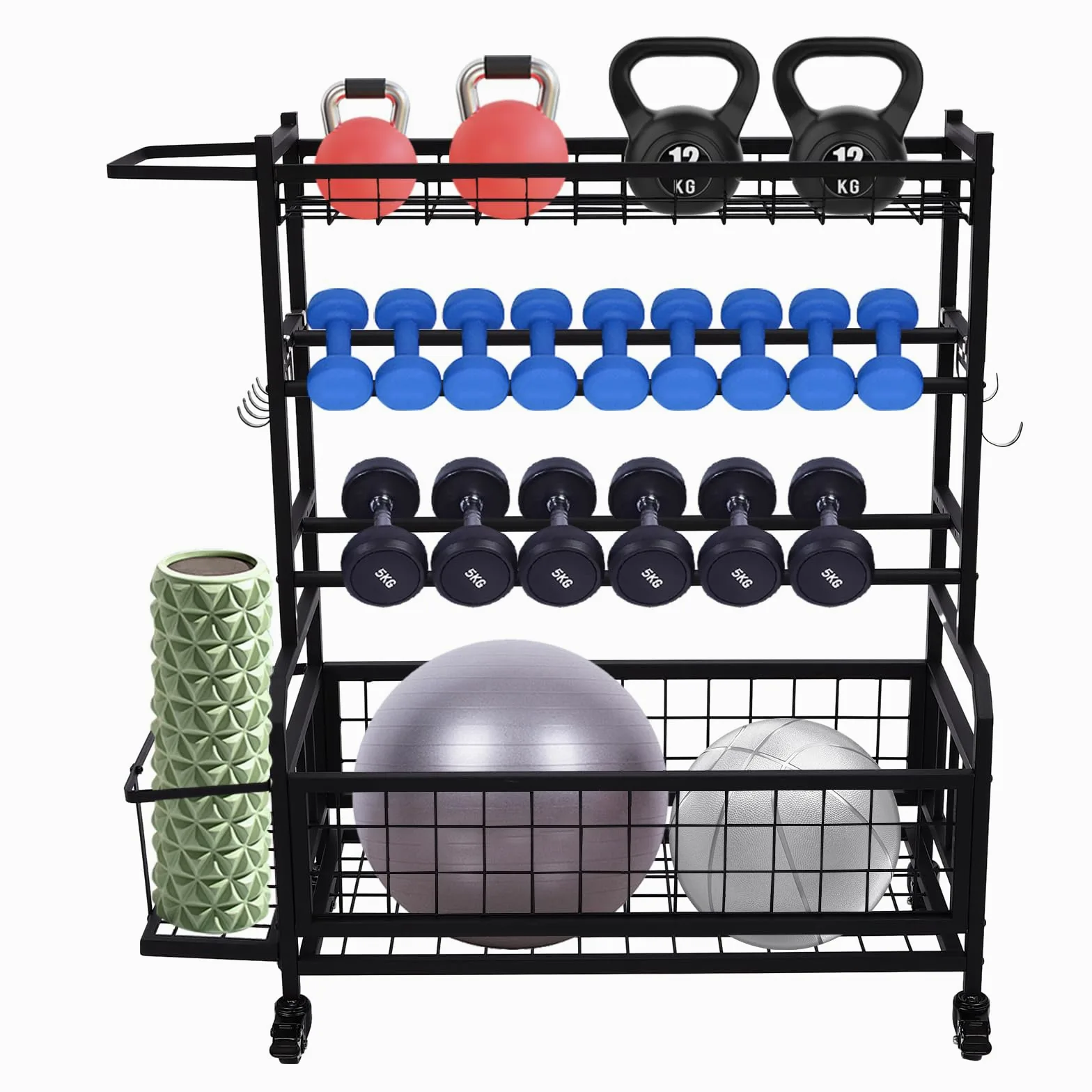 Soporte de pesas para gimnasio en casa, mancuernas, soporte para mancuernas con ruedas, para gimnasios, estudios de yoga, color negro, 102,5 x 40 x 105,6 cm