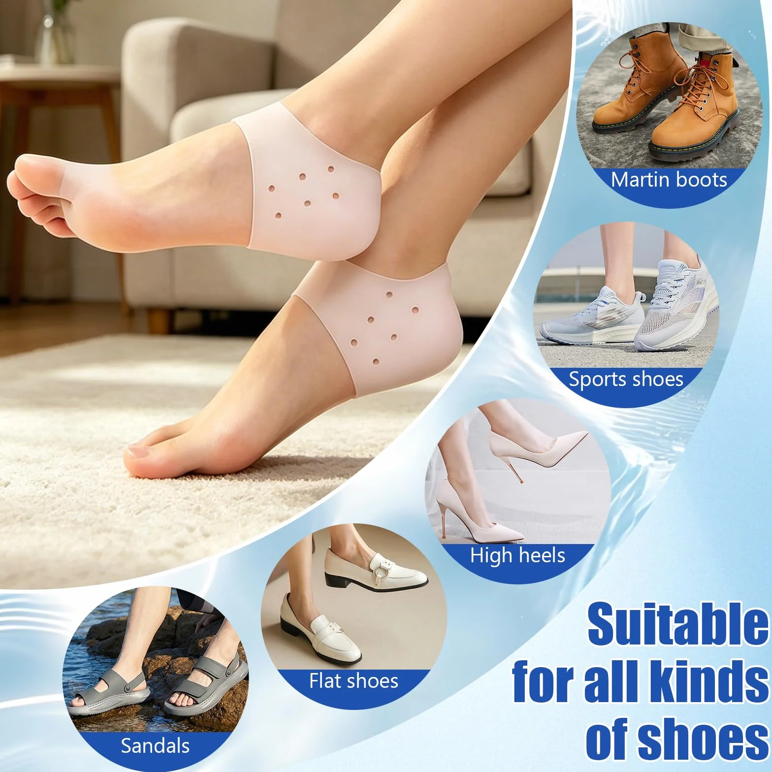Protector De Silicona Para Talón Transpirables 3 Pares + 10 Piezas Tiritas Taloneras, Calcetin Taloneras De Talón Hidratantes, Blanco