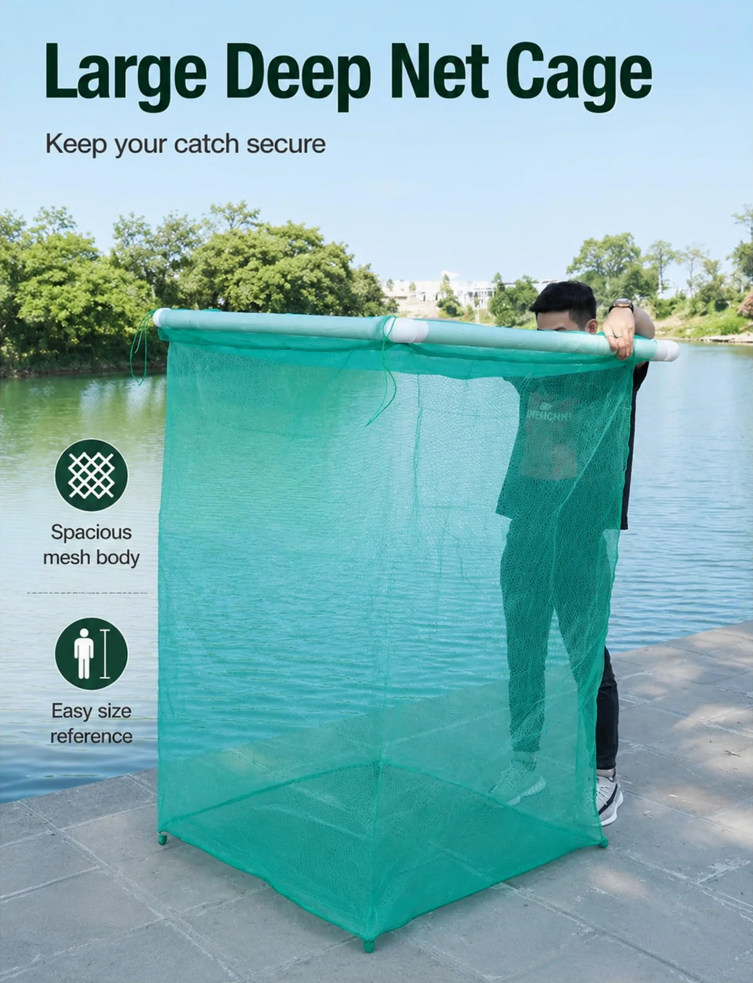 Red Flotante Cubierta para Peces Vivos con Tubo Flotador de 50 mm | Malla verde de 3 mm; marco flotante; cremallera bidireccional; uso en estanques y lagos