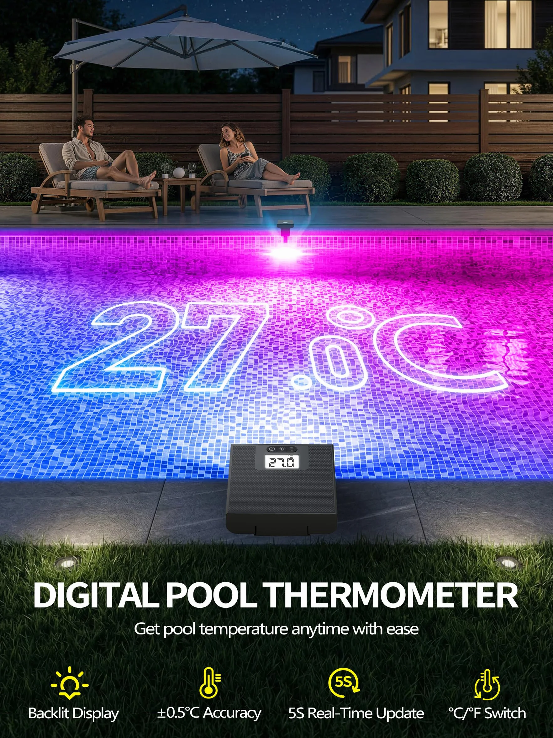 DeeprBlu Luz Piscina Solar Sumergible LED 10 Modos con Termómetro