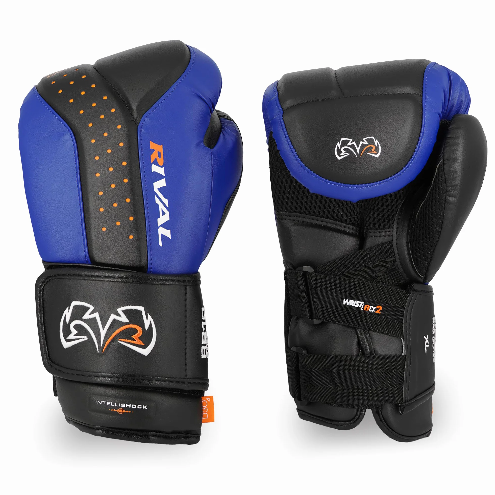 RIVAL Boxing RB10 Intelli-Shock - Guantes para bolsa, cierre de velcro, ajuste ergonómico, 1.25 pulgadas de espuma de celda cerrada para uso intensivo de bolsa, negro/azul, L