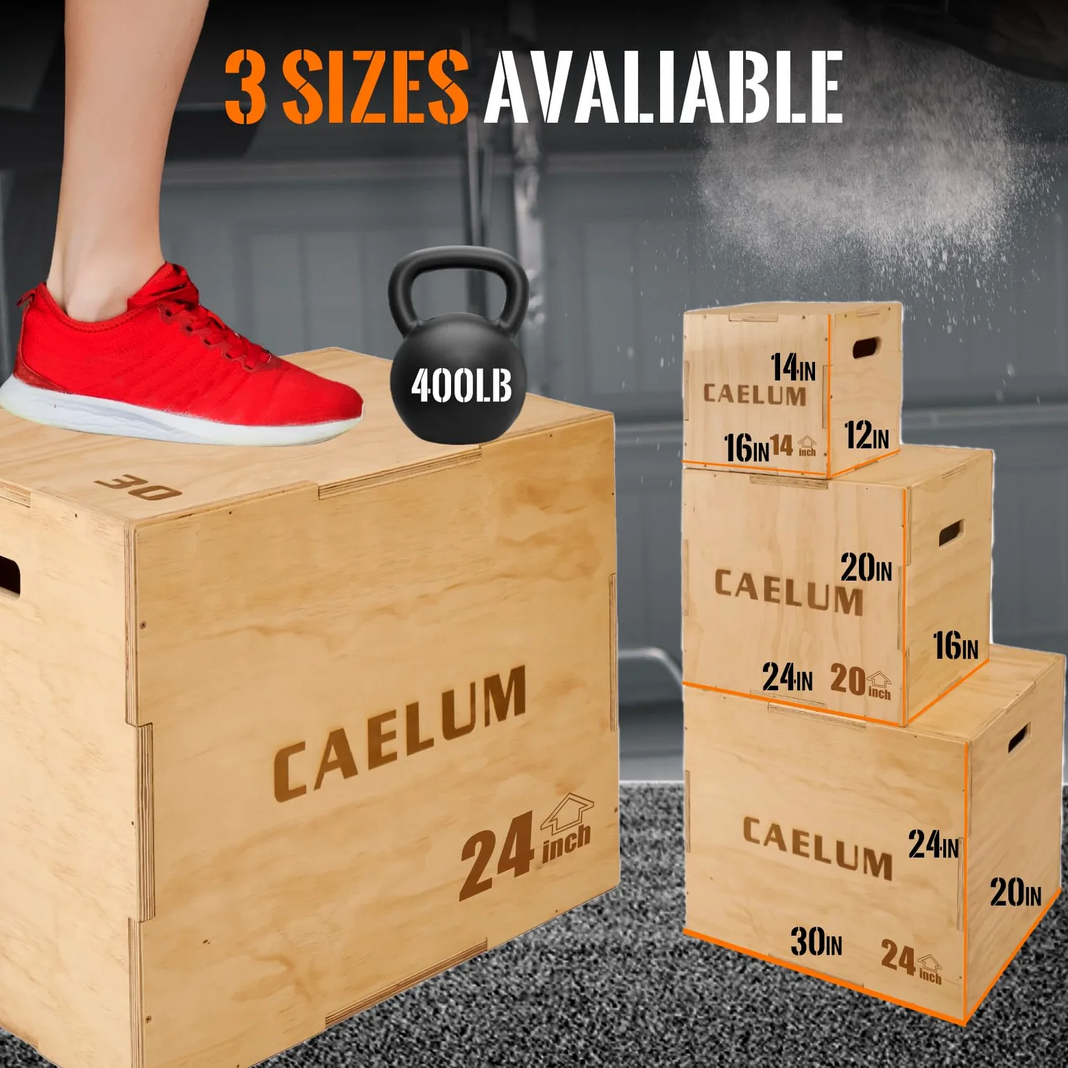 CAELUM Caja pliométrica de madera 3 en 1 – Caja de salto pliométrica antideslizante para el hogar y el gimnasio, caja de lanzamiento de fitness con rodamientos de 400 libras para saltar, sentadillas