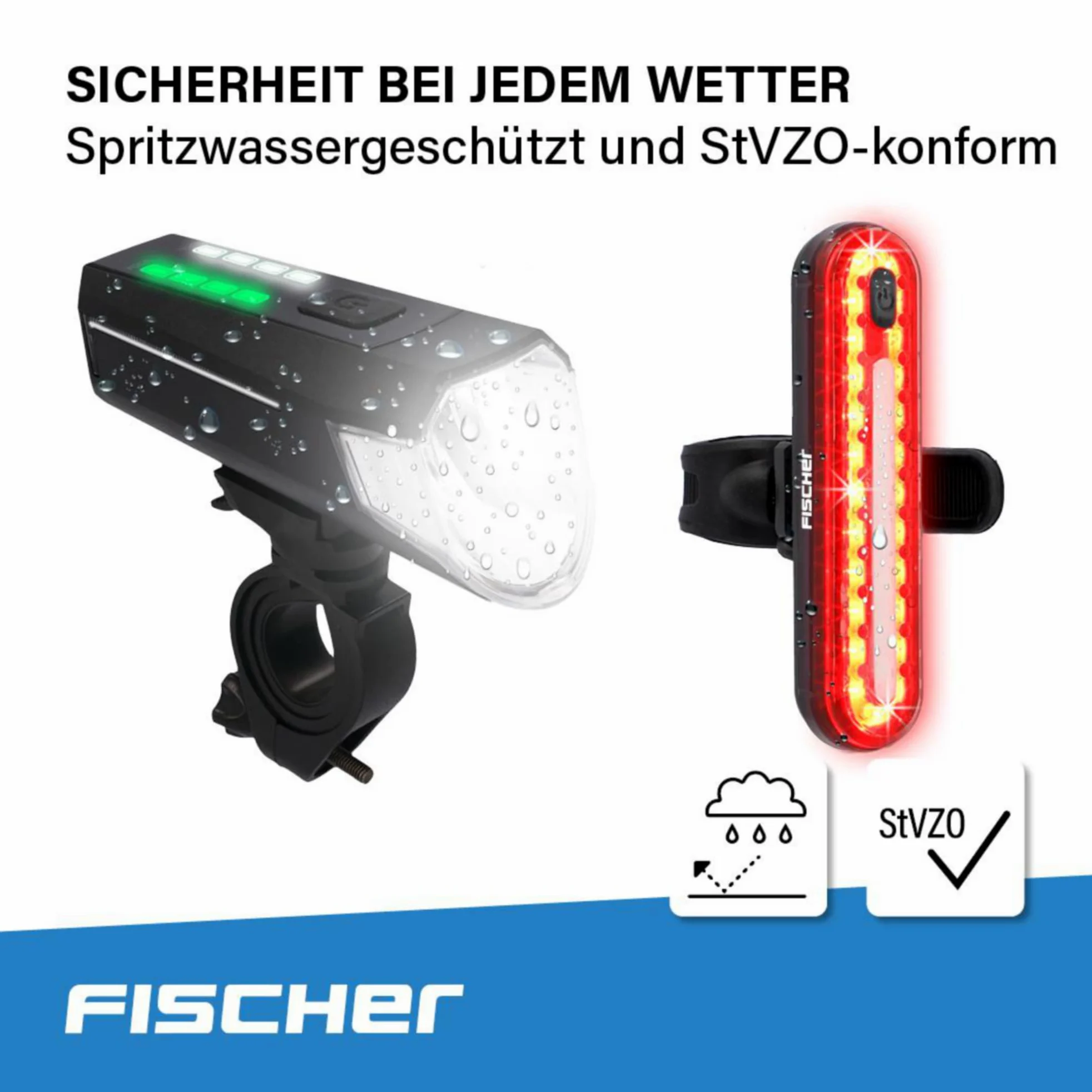 Fischer Juego de iluminación para Bicicleta 80/40/20 Lux, Juego de Luces de batería, luz Delantera y Trasera, con batería y función de Carga USB, 3 Funciones de luz, protección contra Salpicaduras
