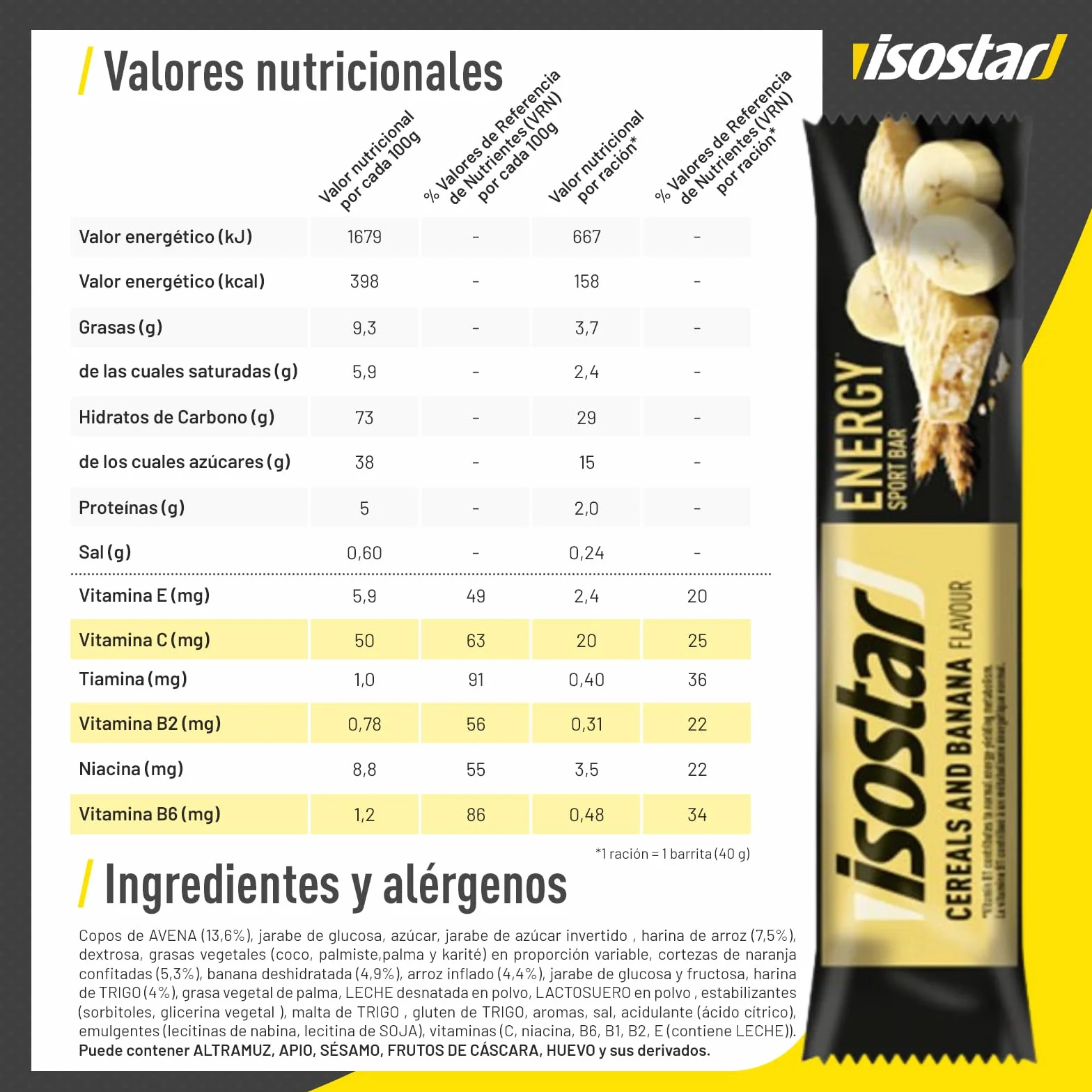 Isostar Barritas Energy Sport con Niacina Vitaminas B1 B2 C E B6 Sabor Banana 3x40gr
