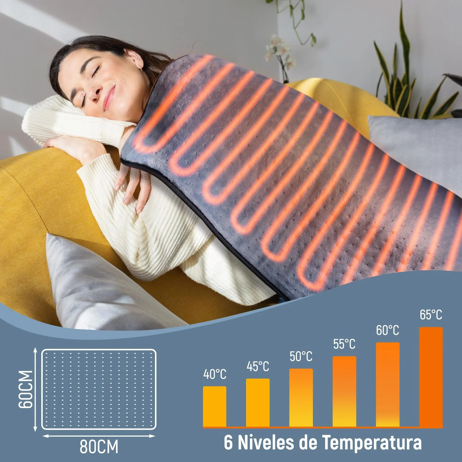 Manta Eléctrica 60x80 cm Almohadilla Térmica con 6 Niveles y Apagado Automático