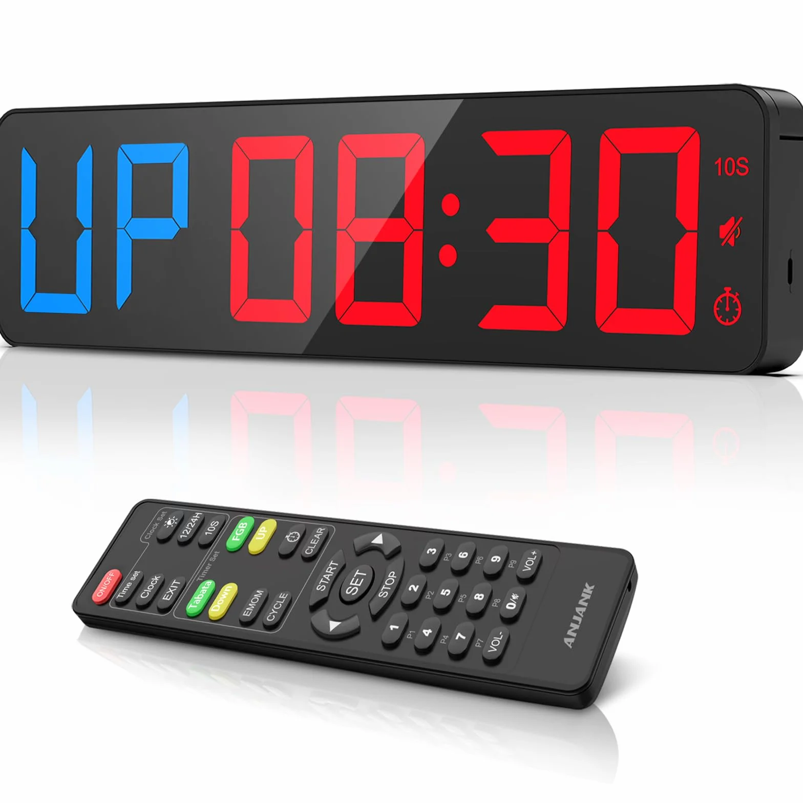 ANJANK Temporizador de Gimnasio Reloj de Pared Digital LED Grande de 15'', Timer de Intervalo con Cronómetro,Cuenta Regresiva/Ascendente,Volumen Ajustable,Timer de Entrenamiento con Control Remoto