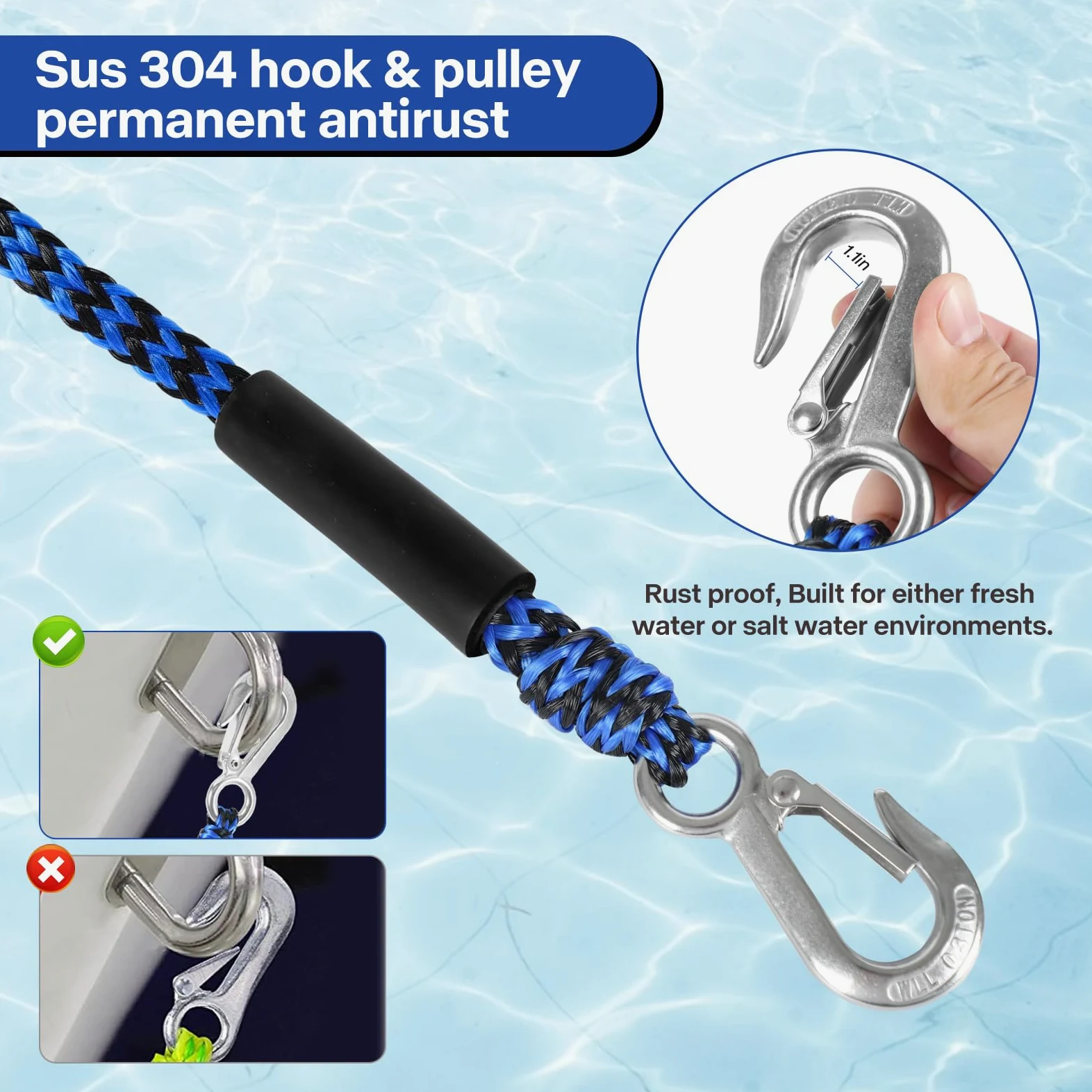 Arnés de remolque de barco resistente para tubos, cuerda de remolque para deportes acuáticos para remolques y tubos de barco, línea de arnés de remolque autocentrante con conector rápido de clip y