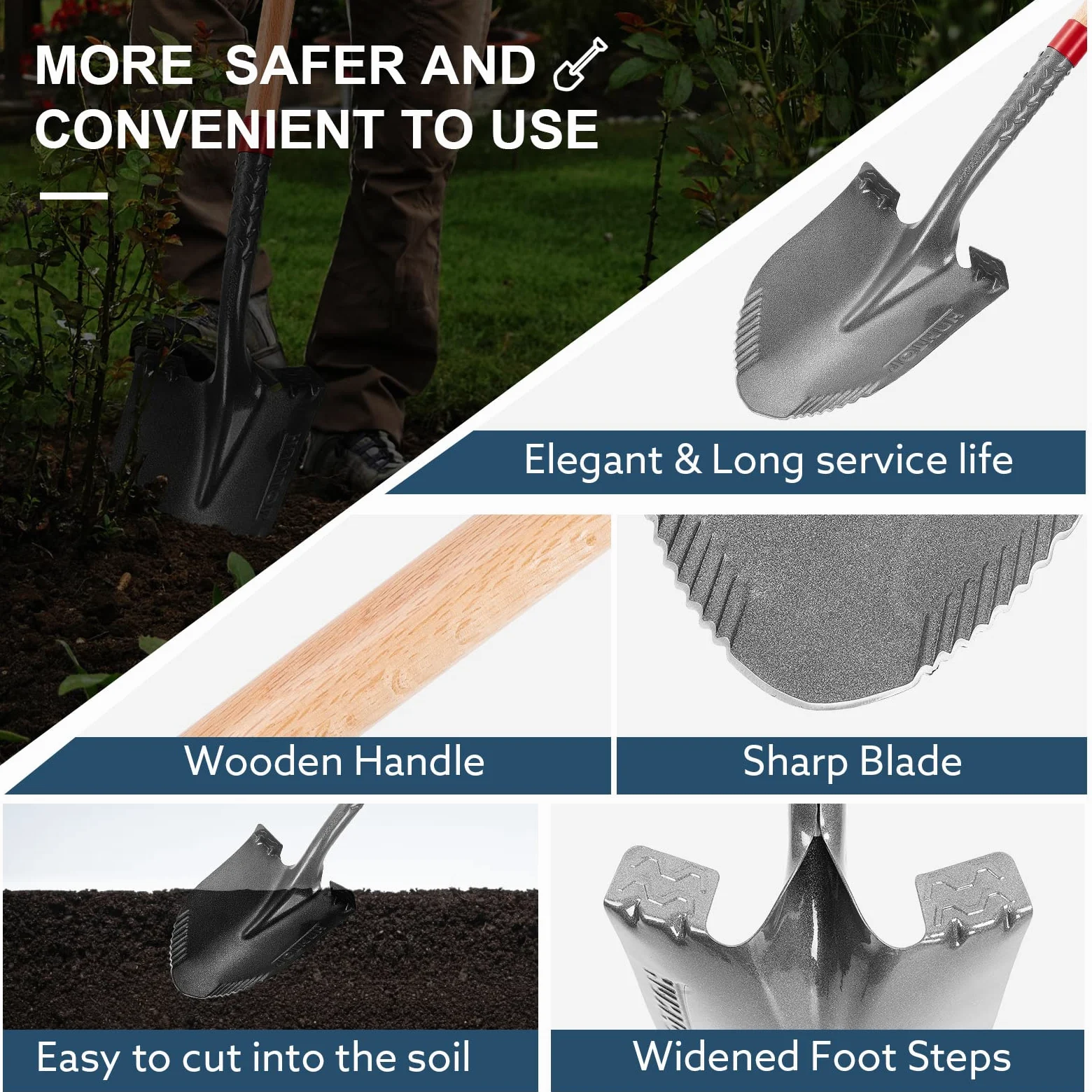 Pala de jardín redonda para excavar, pala afilada de metal y madera para excavar, zanjas, jardinería, camping, 43 pulgadas