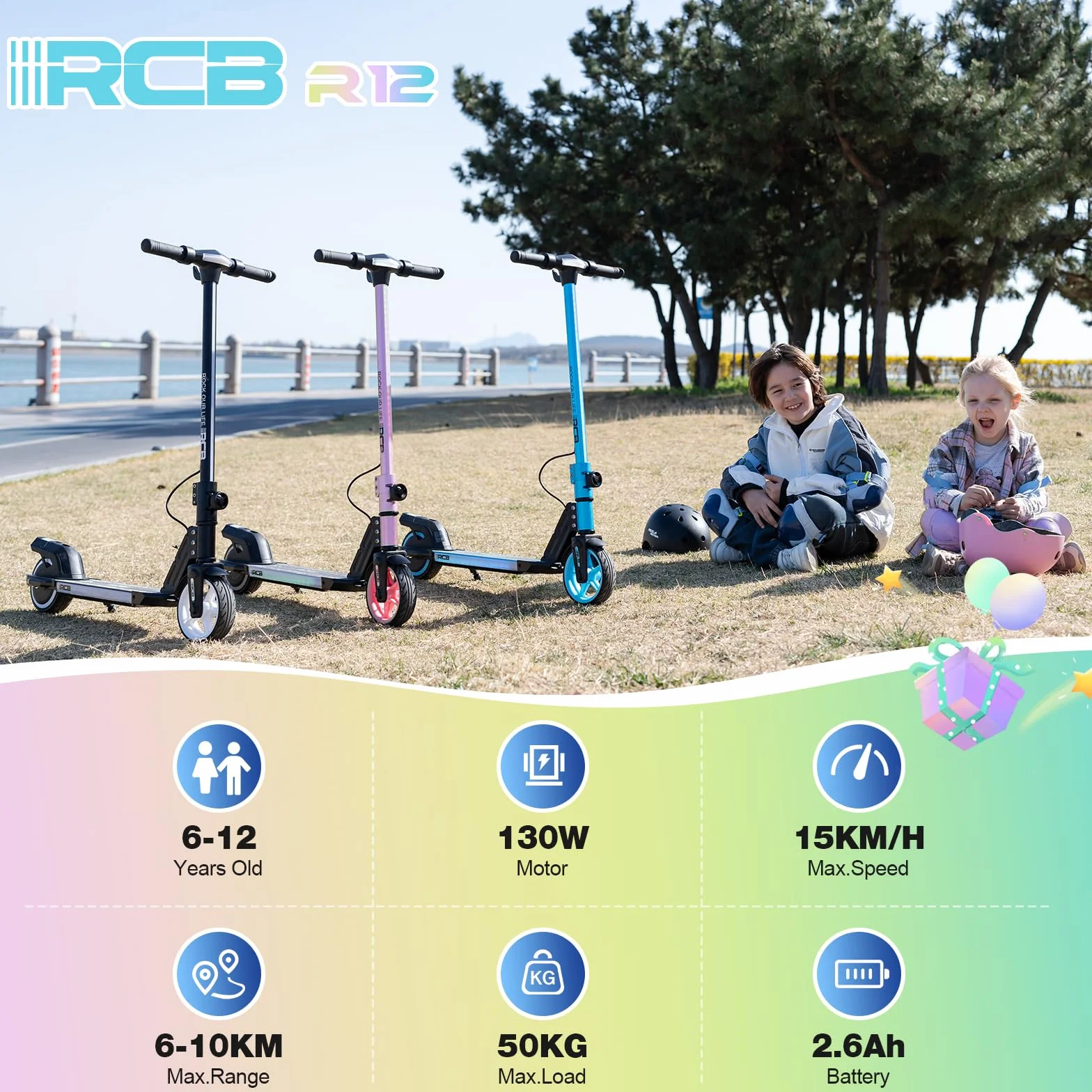 RCB R12 Patinete Eléctrico Niños para 6-12 años, hasta 15 km/h y 10 km, 6.5" Plegable Patinete Eléctrico,Luces de Arco Iris, Dos Tipos Frenos, Pantalla LED, Regalos para Niños