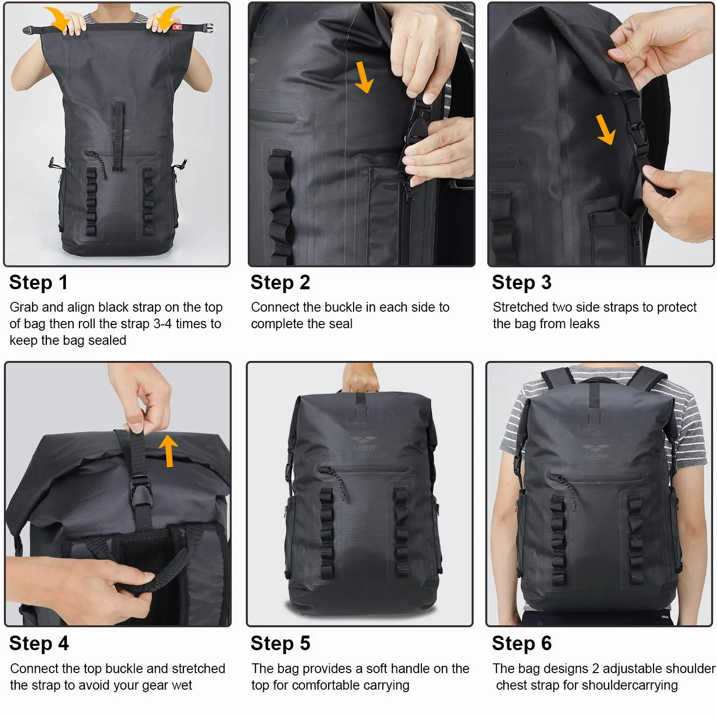 MIER Mochila Impermeable Dry Bag Resistente con Cierre Enrollable para Kayak, Playa, canotaje, natación, Surf, 30 L, Black, Bolsa Seca