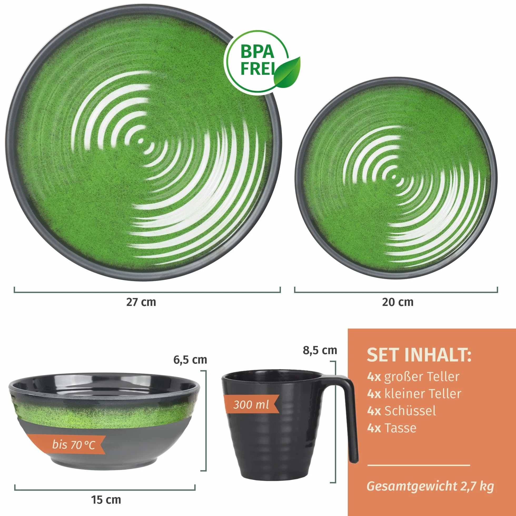 Juego de vajilla de melamina para camping, 4 personas, color verde piedra + 4 tazas de piedra tazas de café, vajilla de pícnic, barbacoa