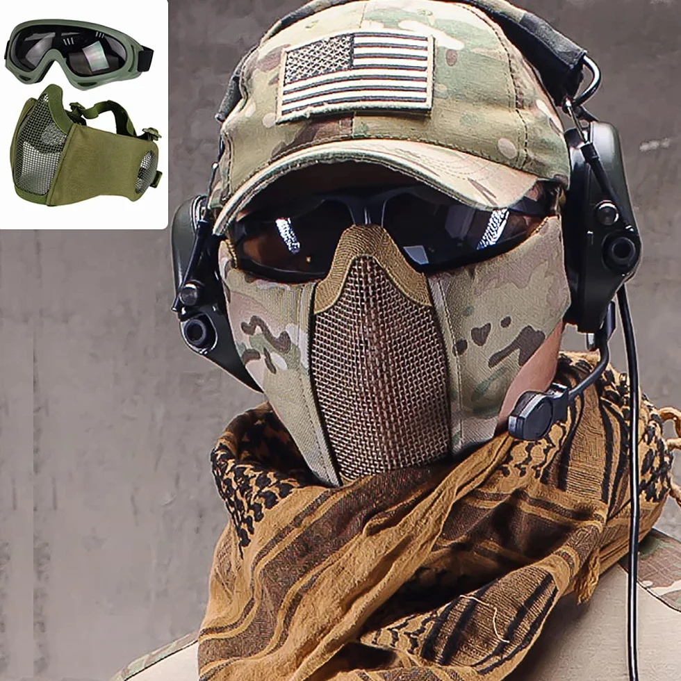 Juego de protección para airsoft máscara de malla media cara con protección auditiva y gafas para caza paintball tiro