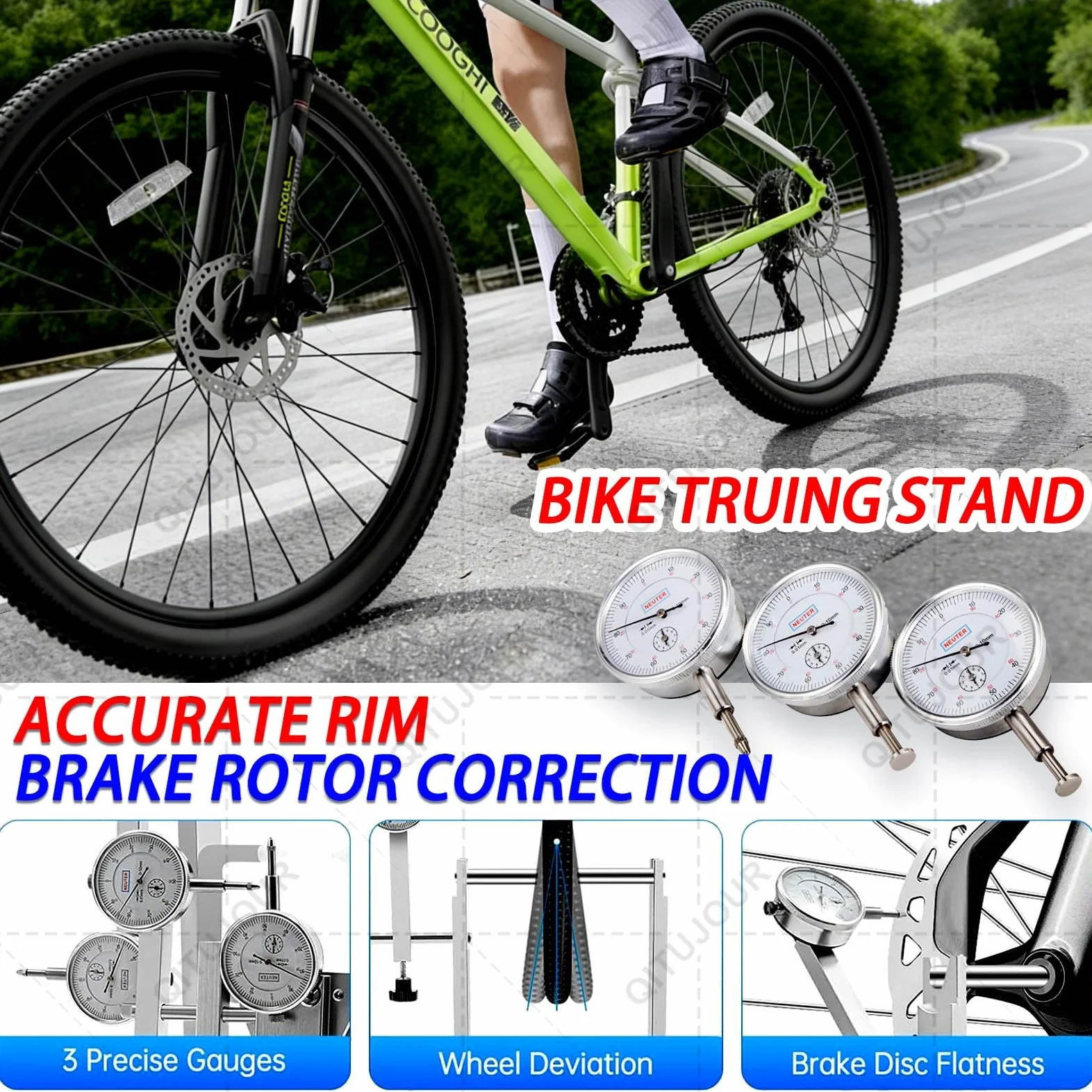 Wheel Truing Stand for Bicycle, Professional Rim Repair Tool, Adjustable 55-200mm Hub Width, Multi-Size Spoke Wrench 10-15G Nipples Portable Maintenance Stand for MTB Road Bike
