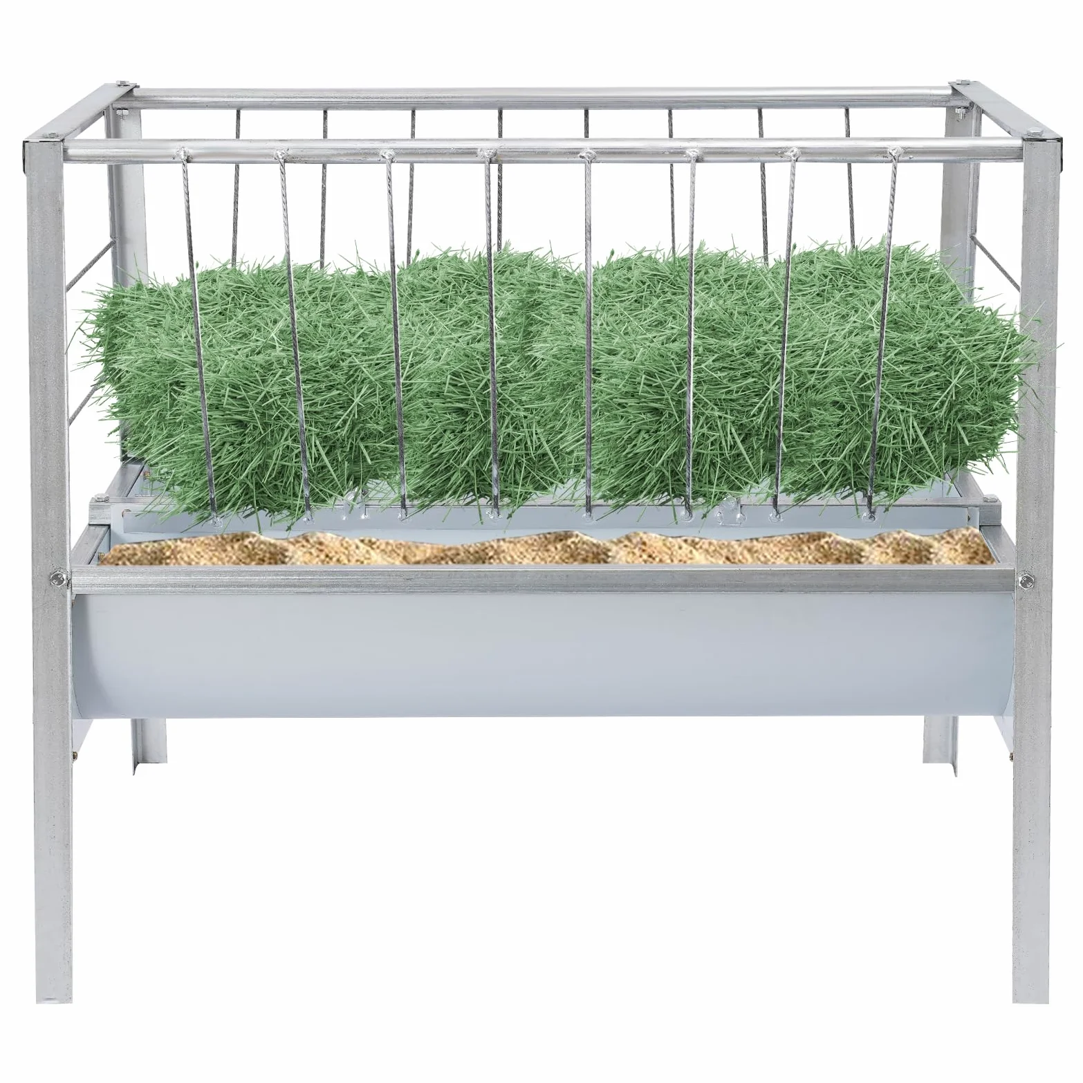 Comedero para heno de metal, 2 en 1, comedero de heno y granos, gran capacidad de 200 L, acero galvanizado para cabras, ovejas y ganado