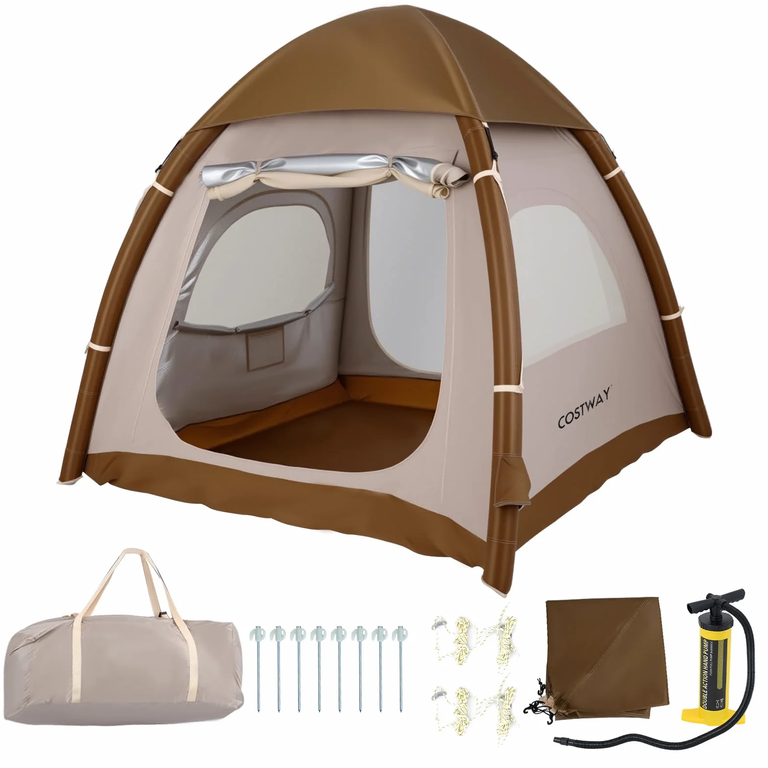 COSTWAY Tienda de Campaña para 2-4 Persona, Tienda de Campaña Hinchable con Bomba de Aire, Puertas y Ventanas de Malla, Estacas y Cuerdas de Sujeción, Bolsa de Transporte, 208 x 208 x 196 cm