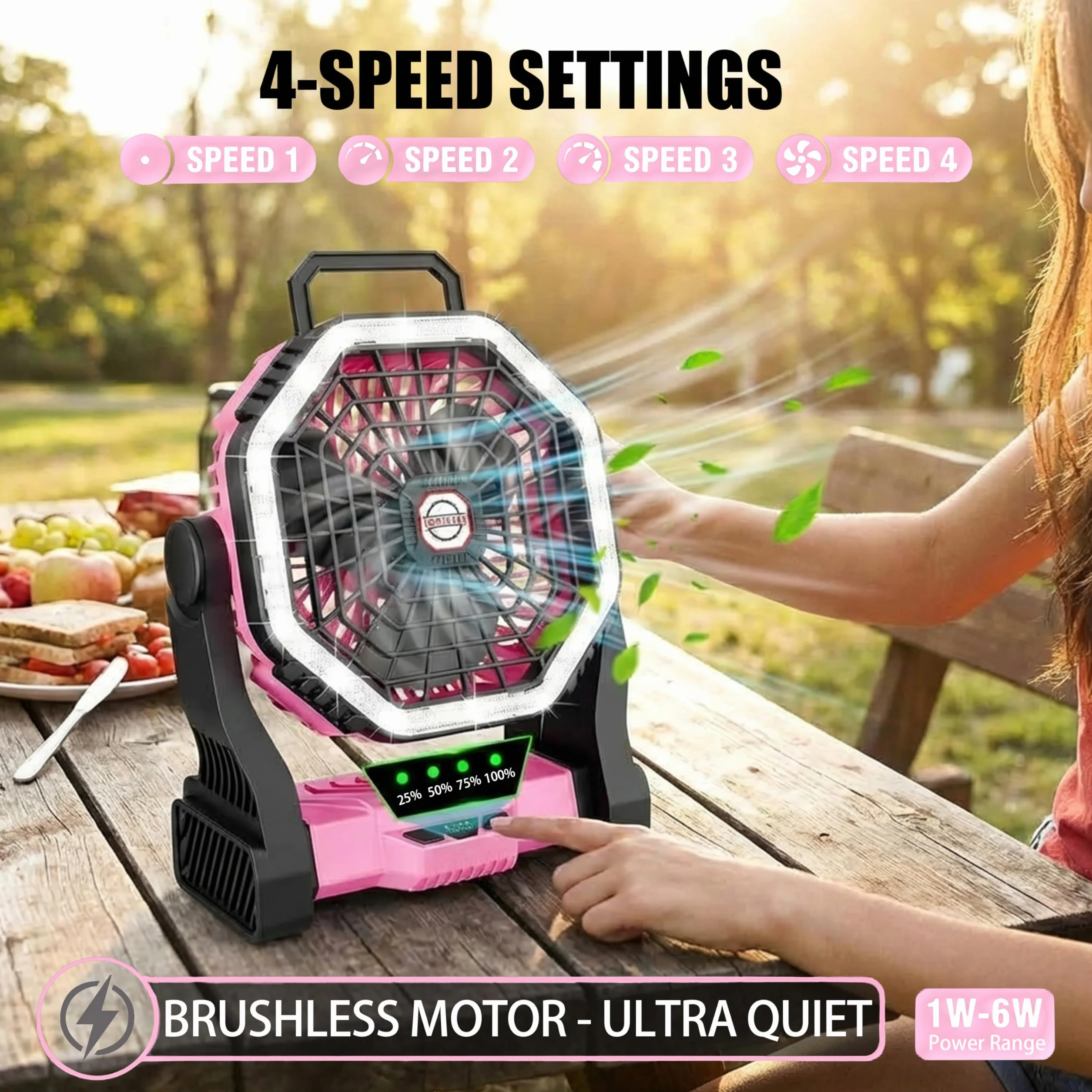 Ventilador LED portátil recargable 2 en 1 10000 mAh Rosa