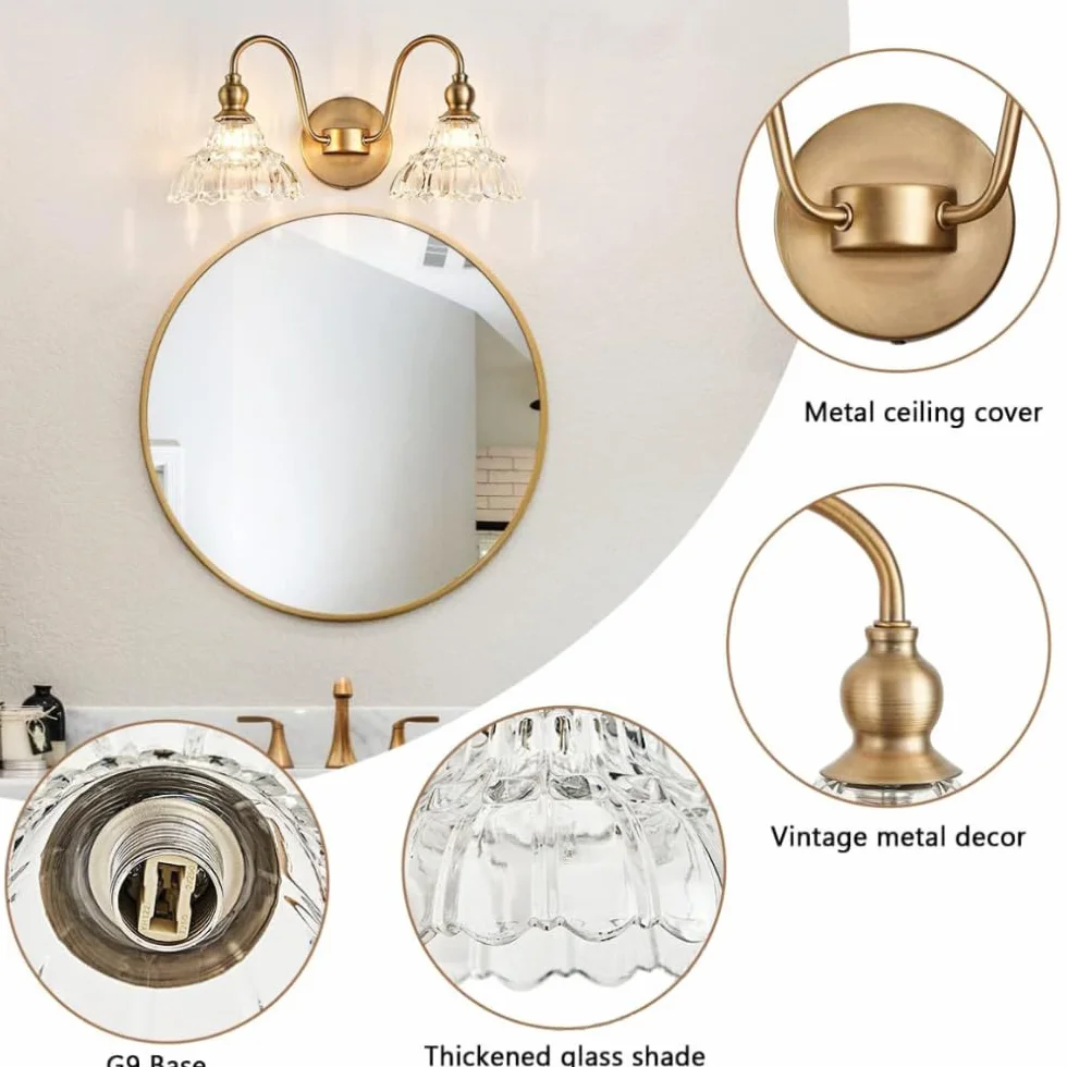 XINYASEE Aplique Pared Cristal Interior G9 Lámpara Cuarto de Baño Doble Cabeza Oro