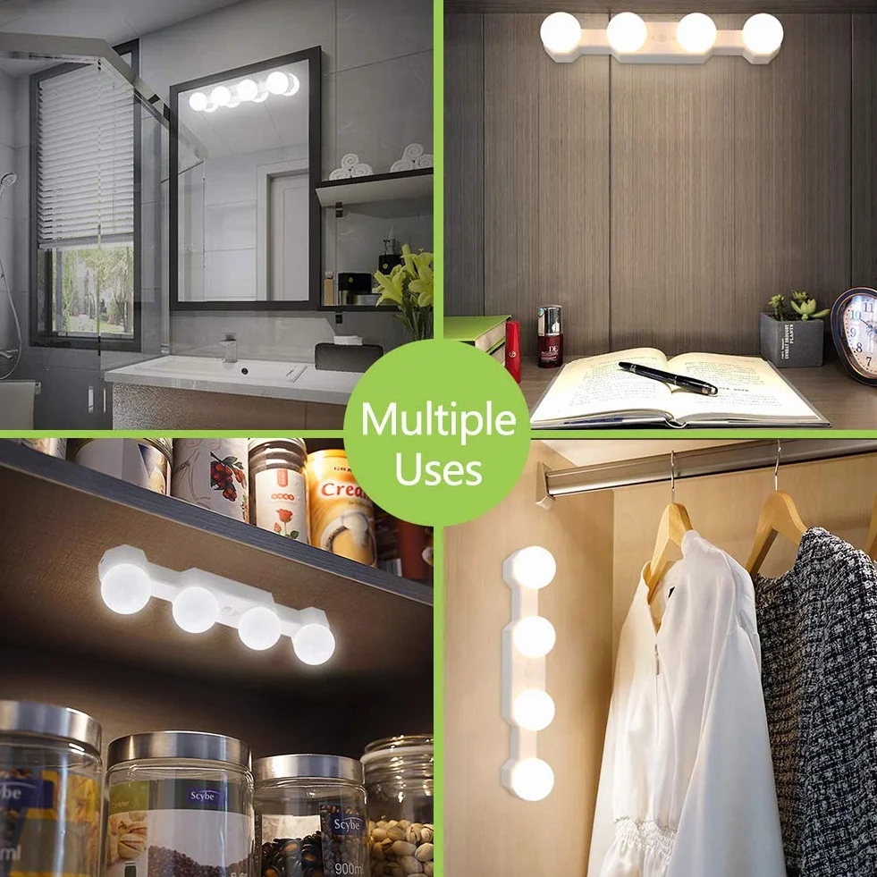 Luces para Espejo de Maquillaje LED Tocador Recargable, 4 Bombillas Regulables Temperatura de Color