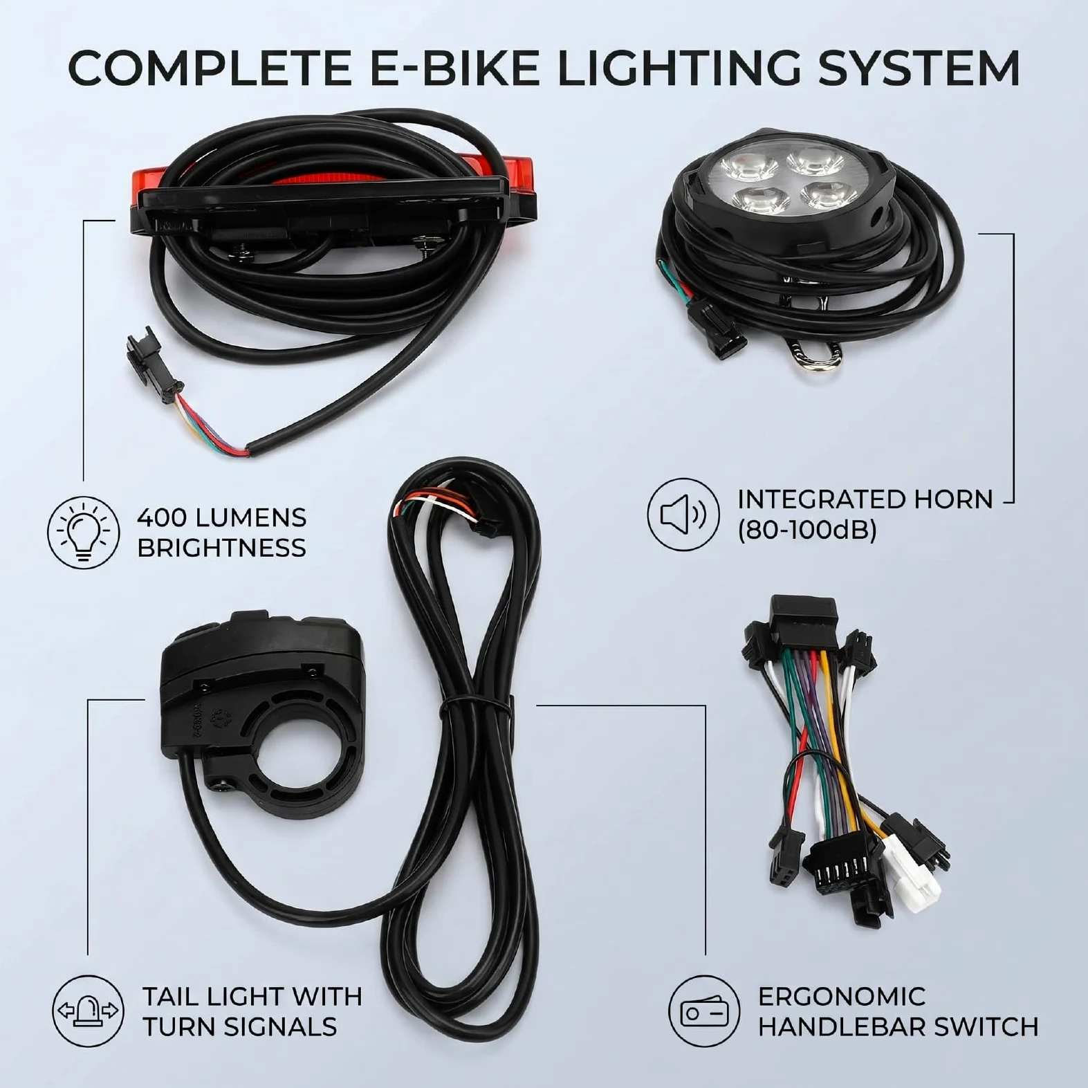 Luocute Juego de Luces para Bicicleta Eléctrica, Faro LED de 400 Lúmenes con Bocina, Luz Trasera con Señal de, Interruptor de Control del Manillar para Accesorios de Bicicleta