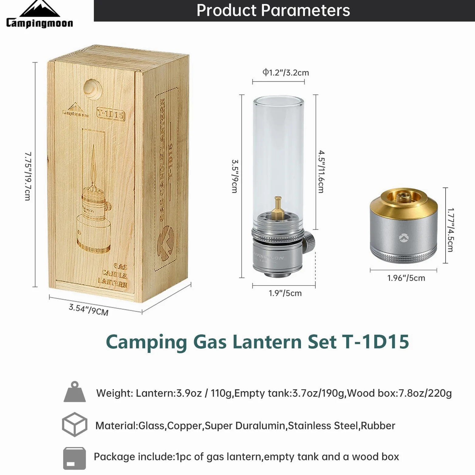 Lámpara de gas de luna, linterna portátil de ensueño con tanque de gas vacío y caja de madera