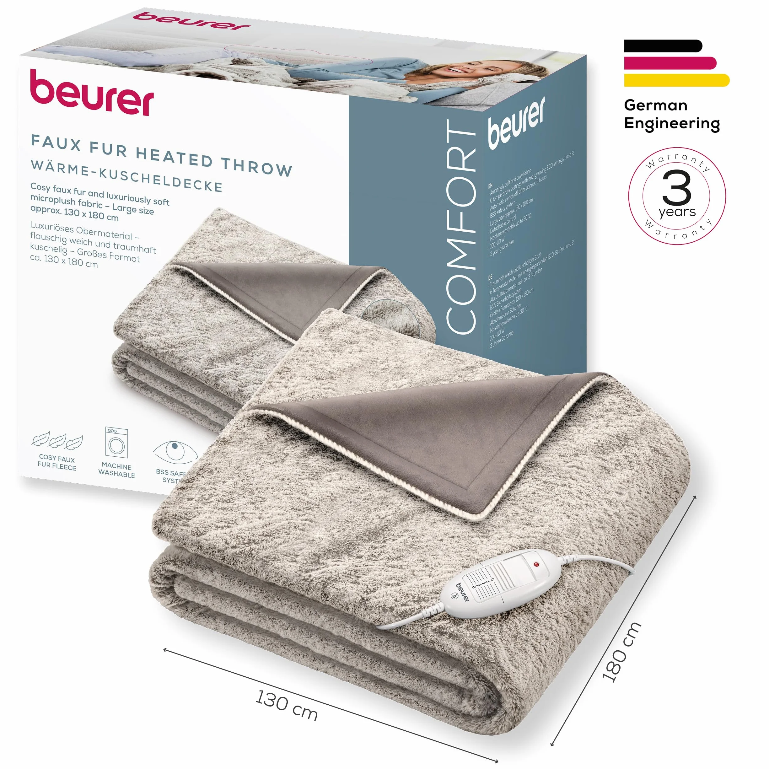 Beurer HD 75 Nordic manta eléctrica, manta térmica suave con aspecto de piel sintética, 6 niveles de temperatura, lavable a máquina (30 °C), desconexión automática. Color beige/marrón, 180×130 cm