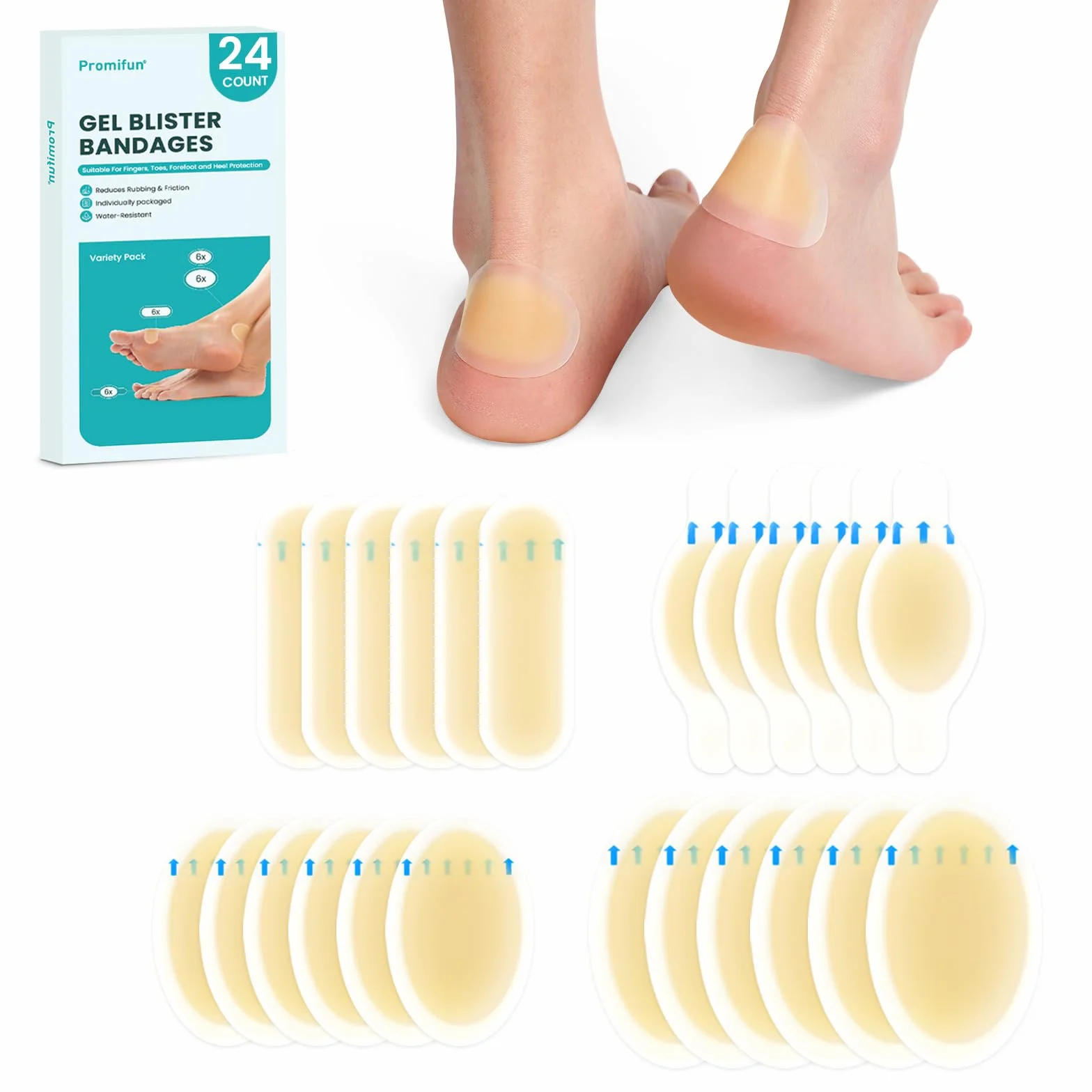 Promifun 24ct Almohadillas de gel hidrocoloide para ampollas – Vendas adhesivas impermeables para talón, dedos
