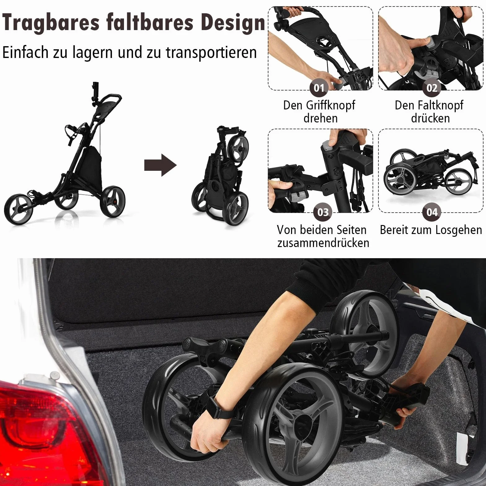 GYMAX Carro de Golf Plegable 3 Ruedas con Asa Ajustable, Soporte Paraguas y Portavasos