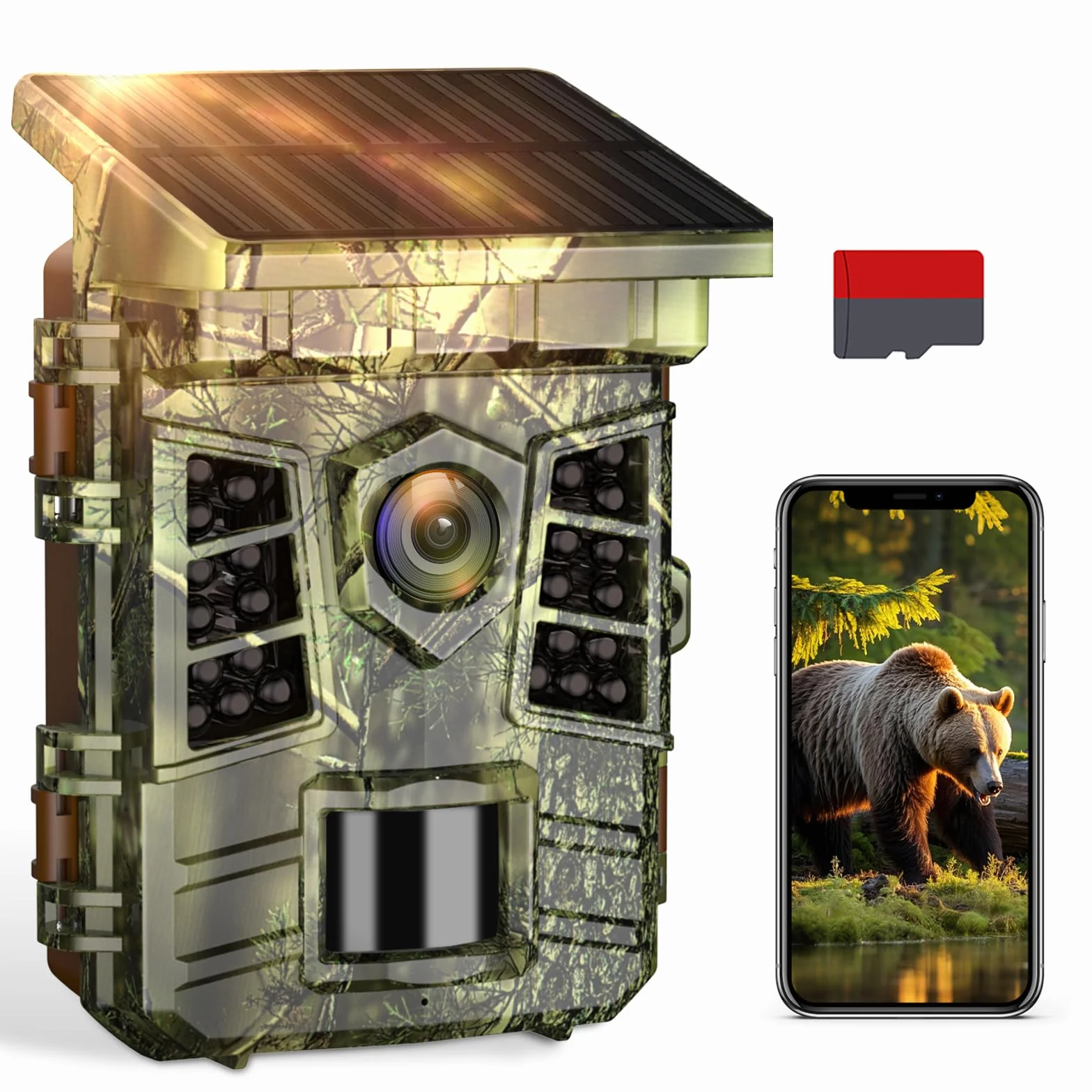 Cámara de caza solar WiFi 4K 60MP, 0,1s tiempo de activación activado por movimiento, cámara de caza con batería recargable integrada 2600 mAh, visión nocturna infrarroja, tarjeta 32GB