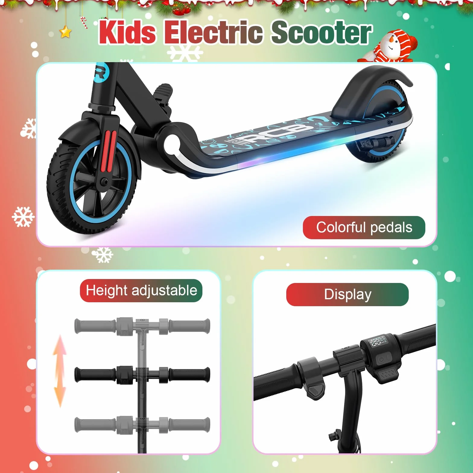 RCB Patinete Eléctrico para Niños 6-12 Años, 150W Motor - Máx.16 Km/h - Luz LED Arcoíris - Plegable - Pantalla LED - Velocidad y Altura Ajustables, Regalo para niños y Adolescentes