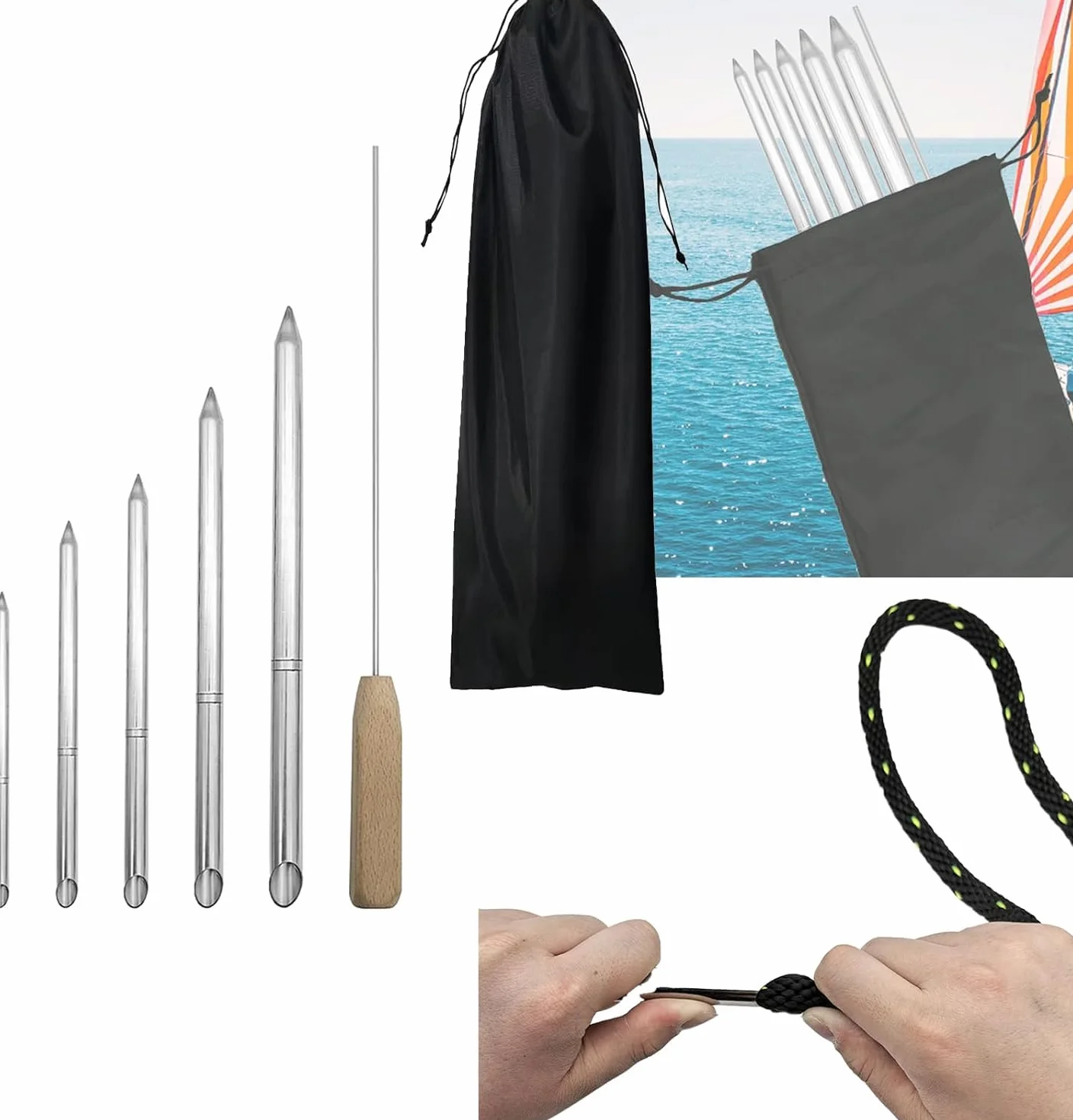 7 Piezas Kit Herramientas Empalmar Cuerdas, Acero Inoxidable Con Empujador Y Bolsa Almacenamiento Para Cuerdas Doble Trenzado 1/4" 5/16" 3/8" 7/16" 1/2" Para RáPida RecuperacióN Y Empalme