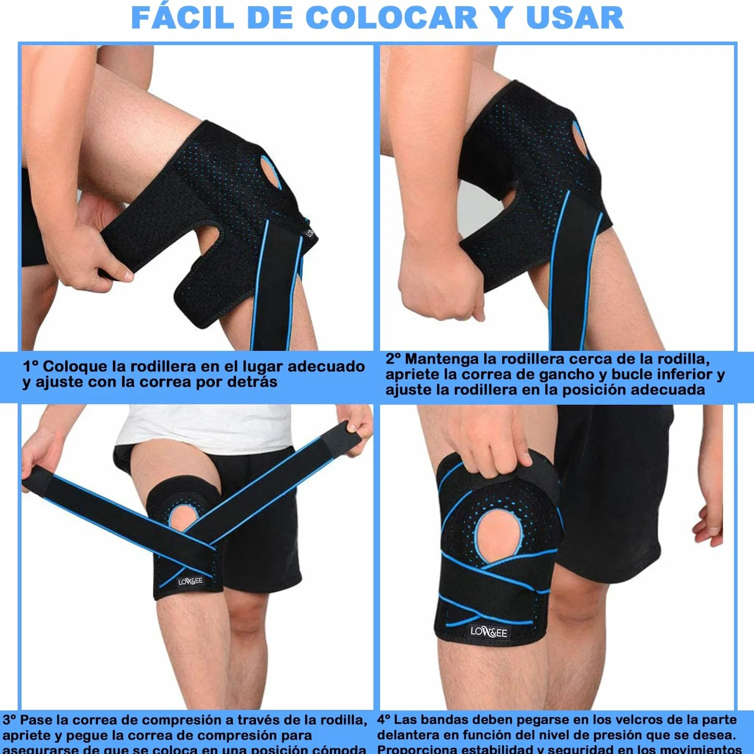 Rodilleras Deportivas Ajustables LOW&EE® Menisco y Ligamento Neopreno con Silicona Negro Azul