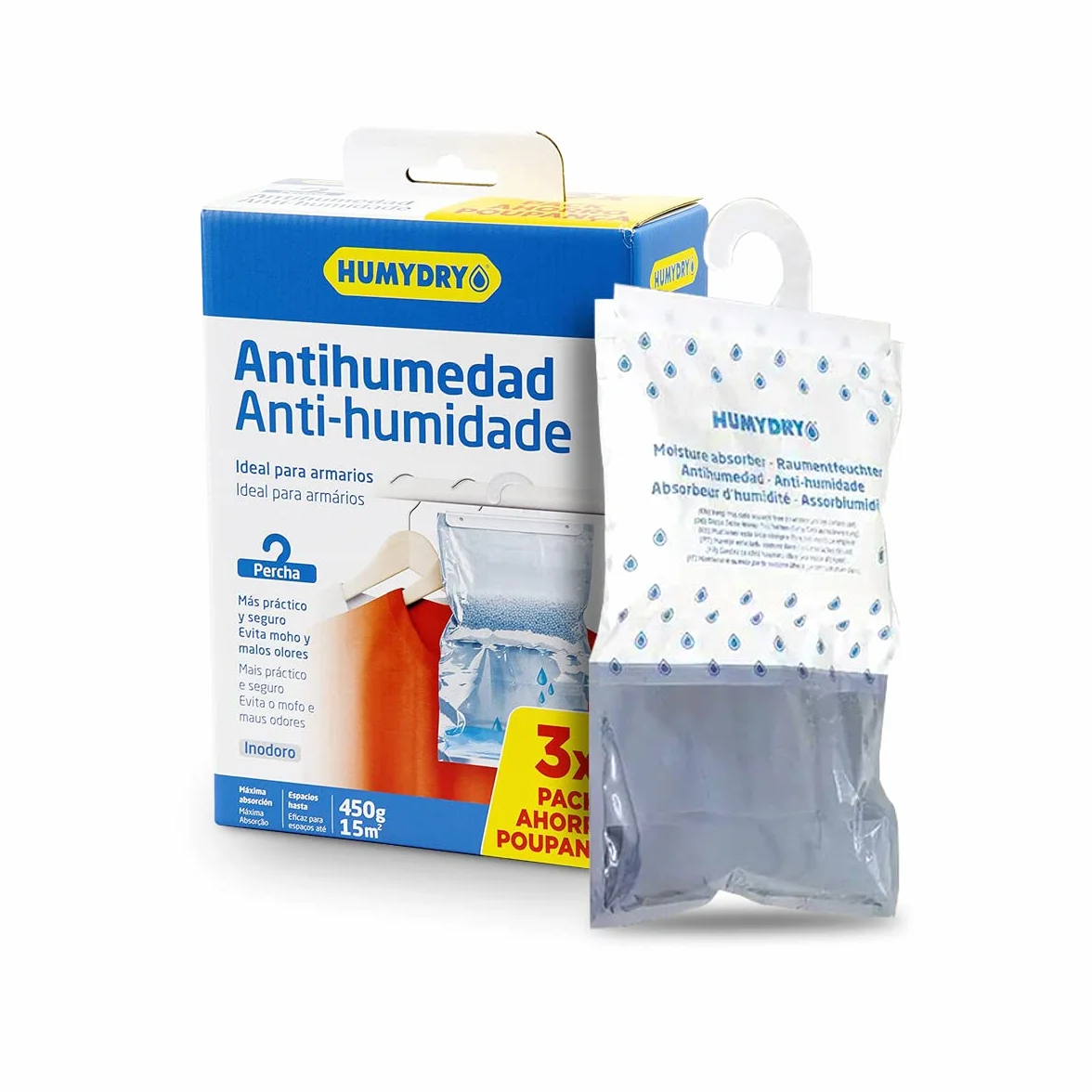 Bolsas antihumedad Percha Humydry 3x450g Absorbe Humedad Armarios 15 m2 Fragancia Neutro
