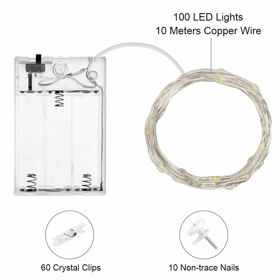Clip Cadena de Luces LED 10M 100LED Batería 60Pinzas Transparentes Decoración Pared Dormitorio Fiesta Navidad