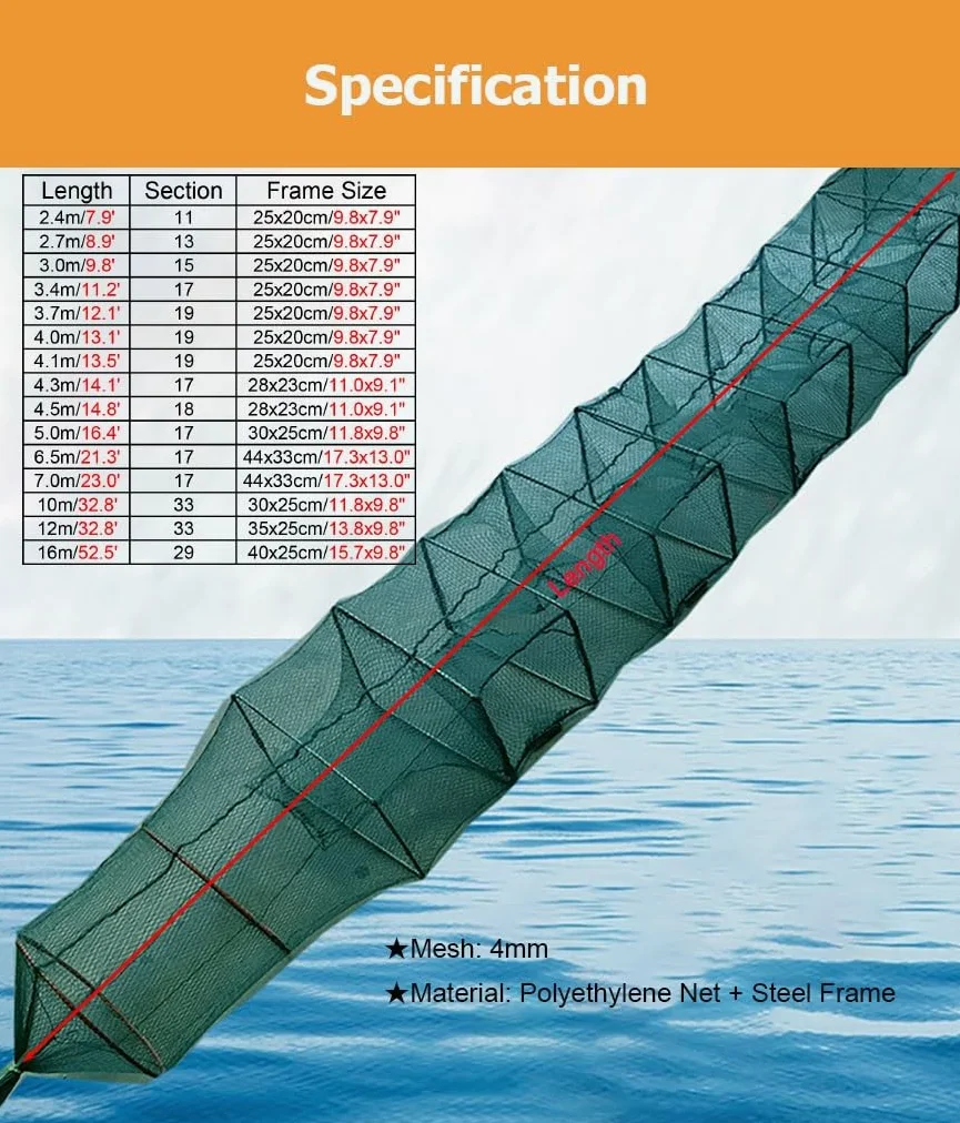 Trampa for camarones y cangrejos de 7,9 a 52,5 pies de Largo, trampas for Peces, Red de Pesca de Agua Salada, Captura automáticamente más Peces fácilmente