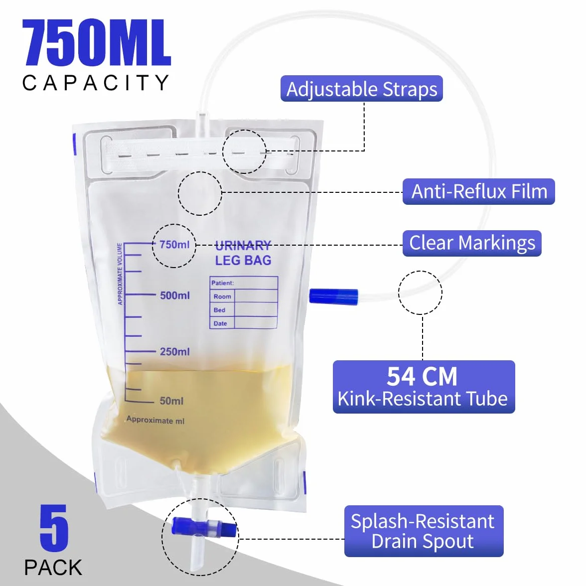 Bolsa de Drenaje de Orina 750 ML 5 Piezas con Película Antirreflujo y Válvula en T