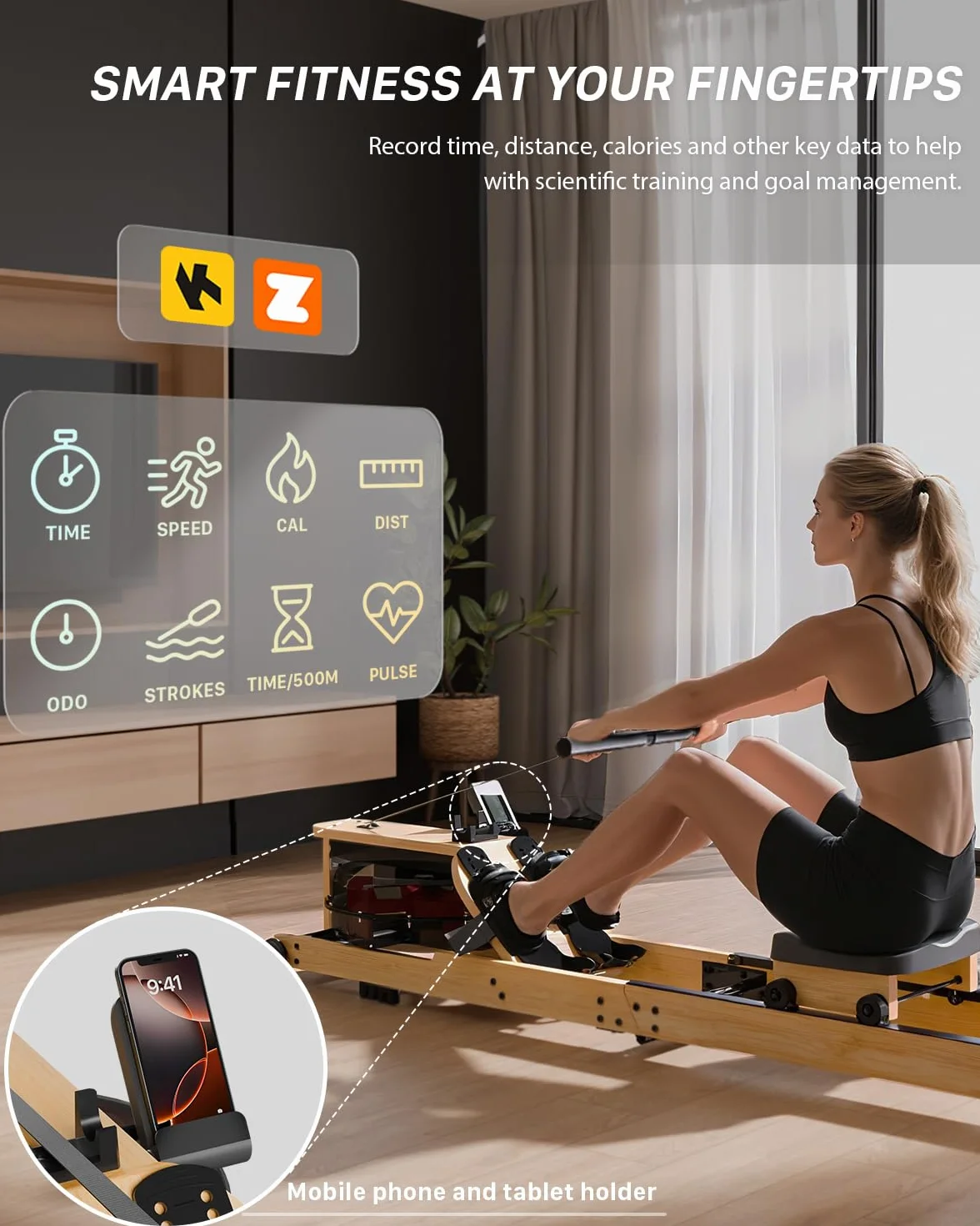 Máquina de Remo de Agua Plegable para Casa, Madera de Bambú Natural, Bluetooth Compatible con Kinomap, Pantalla LCD, Soporte para Tablet, Entrenamiento de Cuerpo Completo, Silenciosa
