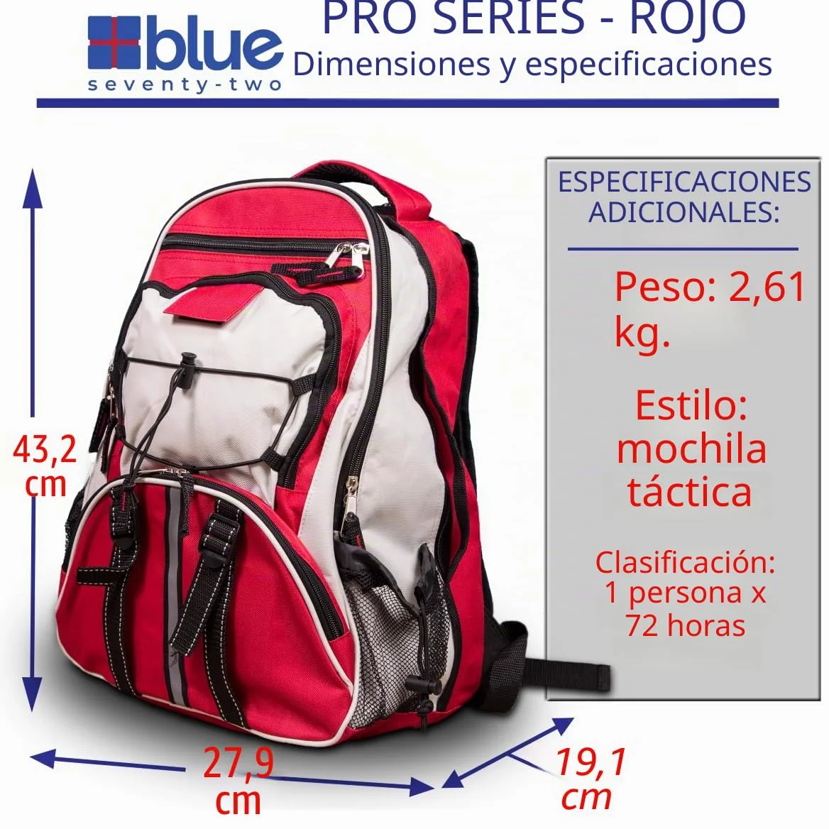 Blue Seventy-Two - Pro Series - Kit de Supervivencia de Mochila de Emergencia roja de Lujo de 72 Horas para 1 Persona | Kit de Supervivencia para emergencias (Incluye tabletas de Agua)