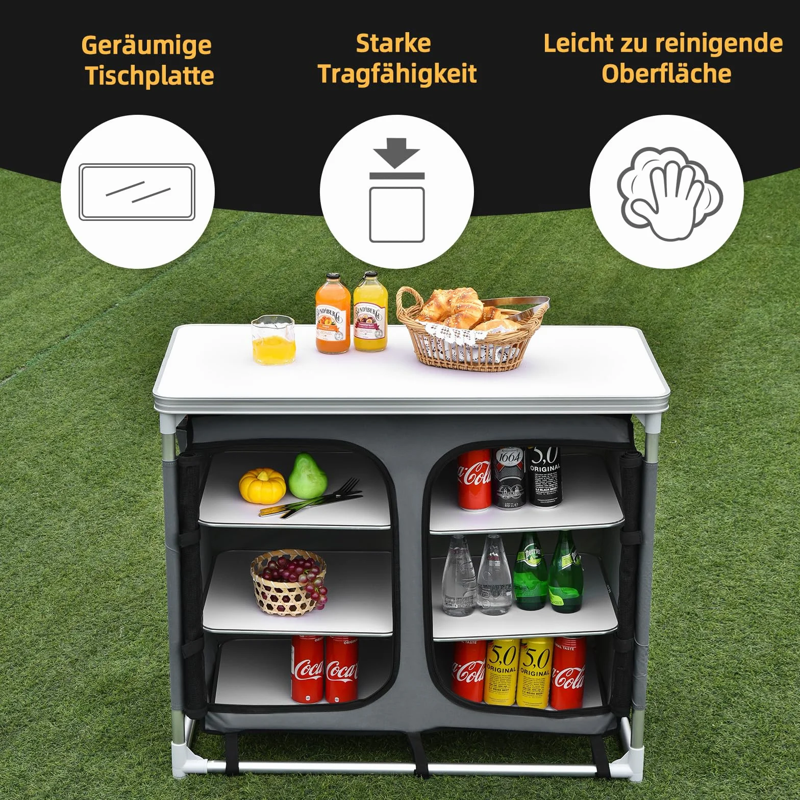 GYMAX Armario Plegable Camping, 96 x 49 x 81,5 cm, Mesa de Cocina al Aire Libre con 6 Compartimientos de Almacenamiento y Bolsa de Transporte, Cocina de Viaje para BBQ, Camping y Picnics, Gris
