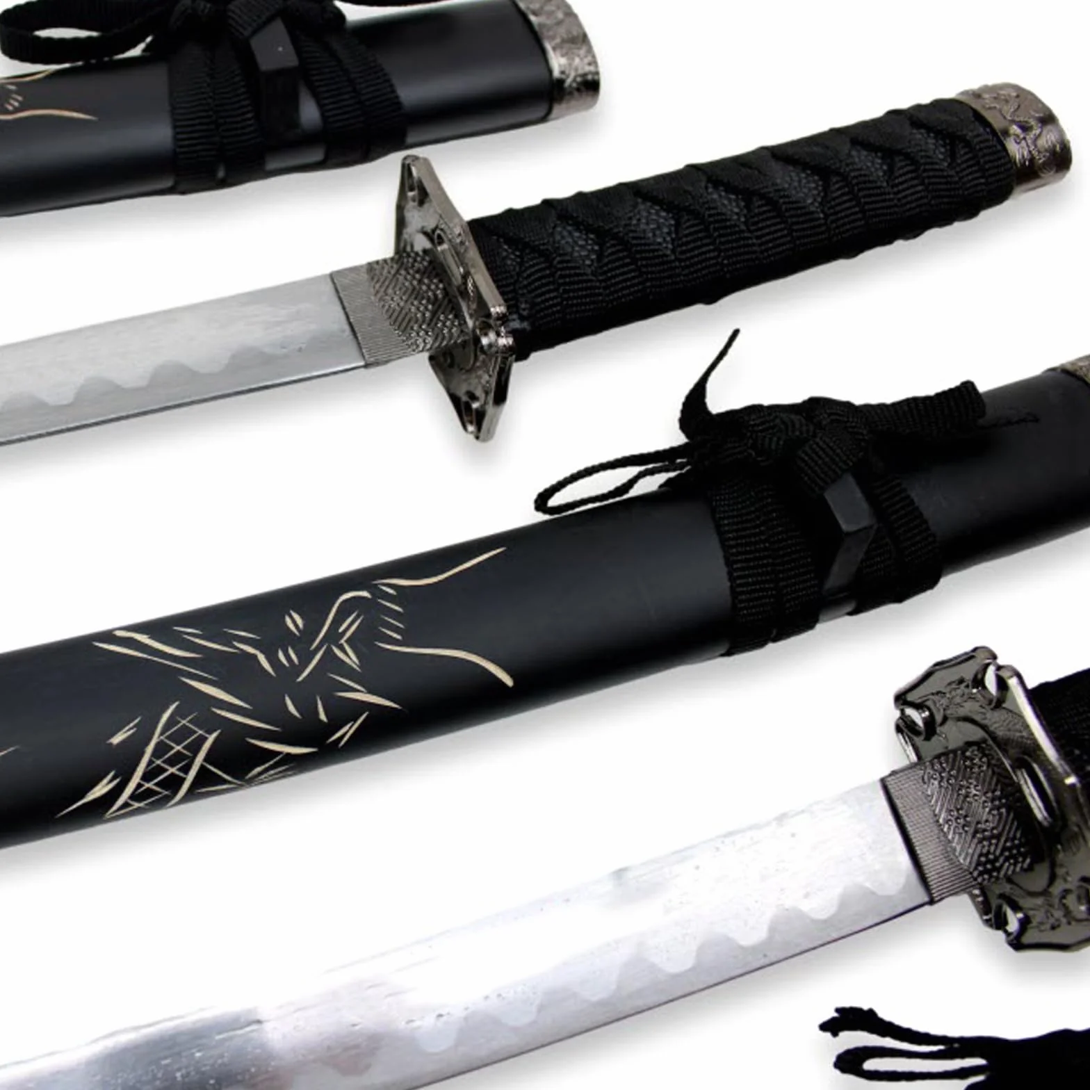Set de katanas samurái Dragón Negro, juego de 3 espadas acero 1095 52/75/100 cm, entrenamiento y colección